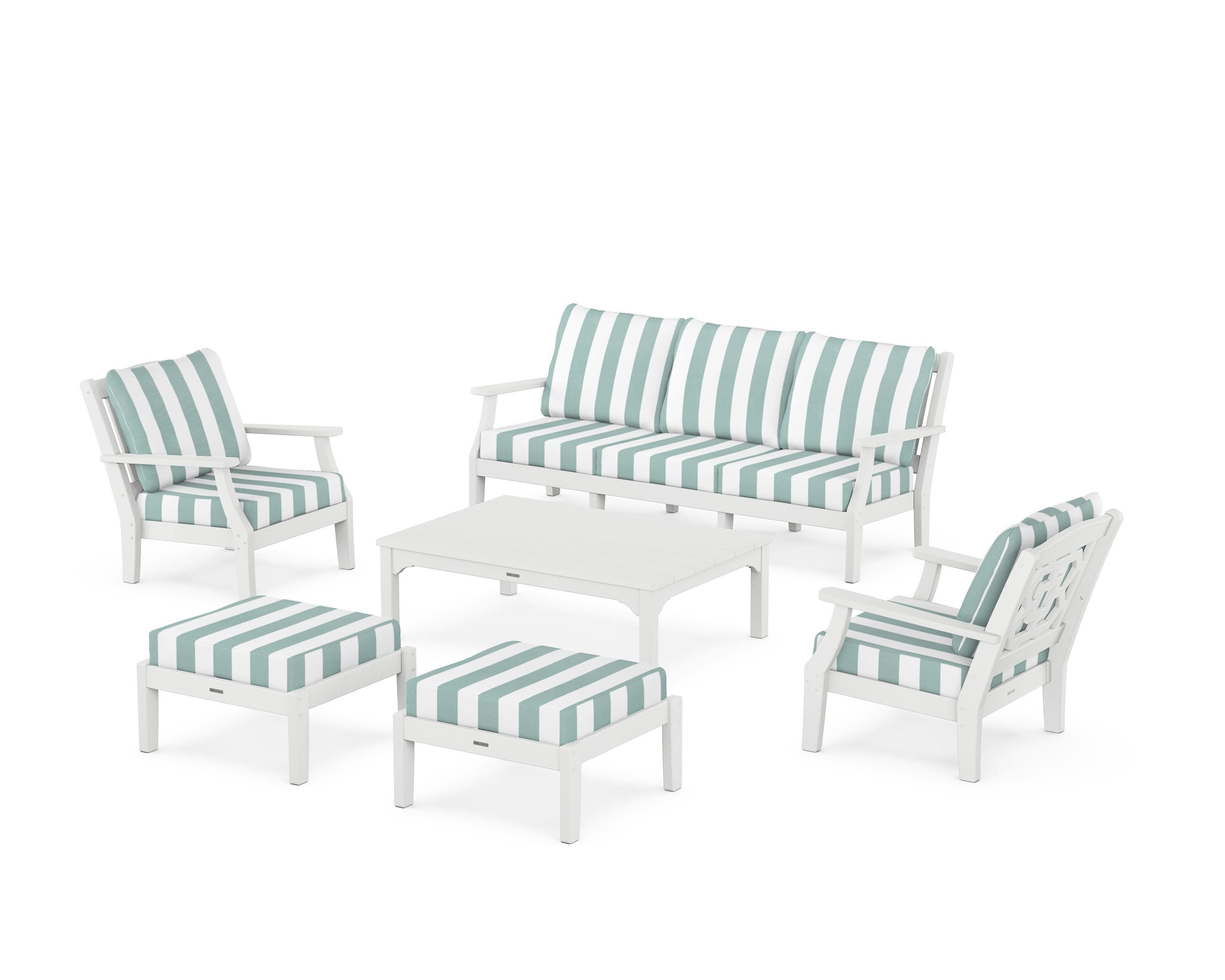 Chinoiserie 6-Piece Lounge Sofa Set in White / Cabana Stripe Glacier Spa