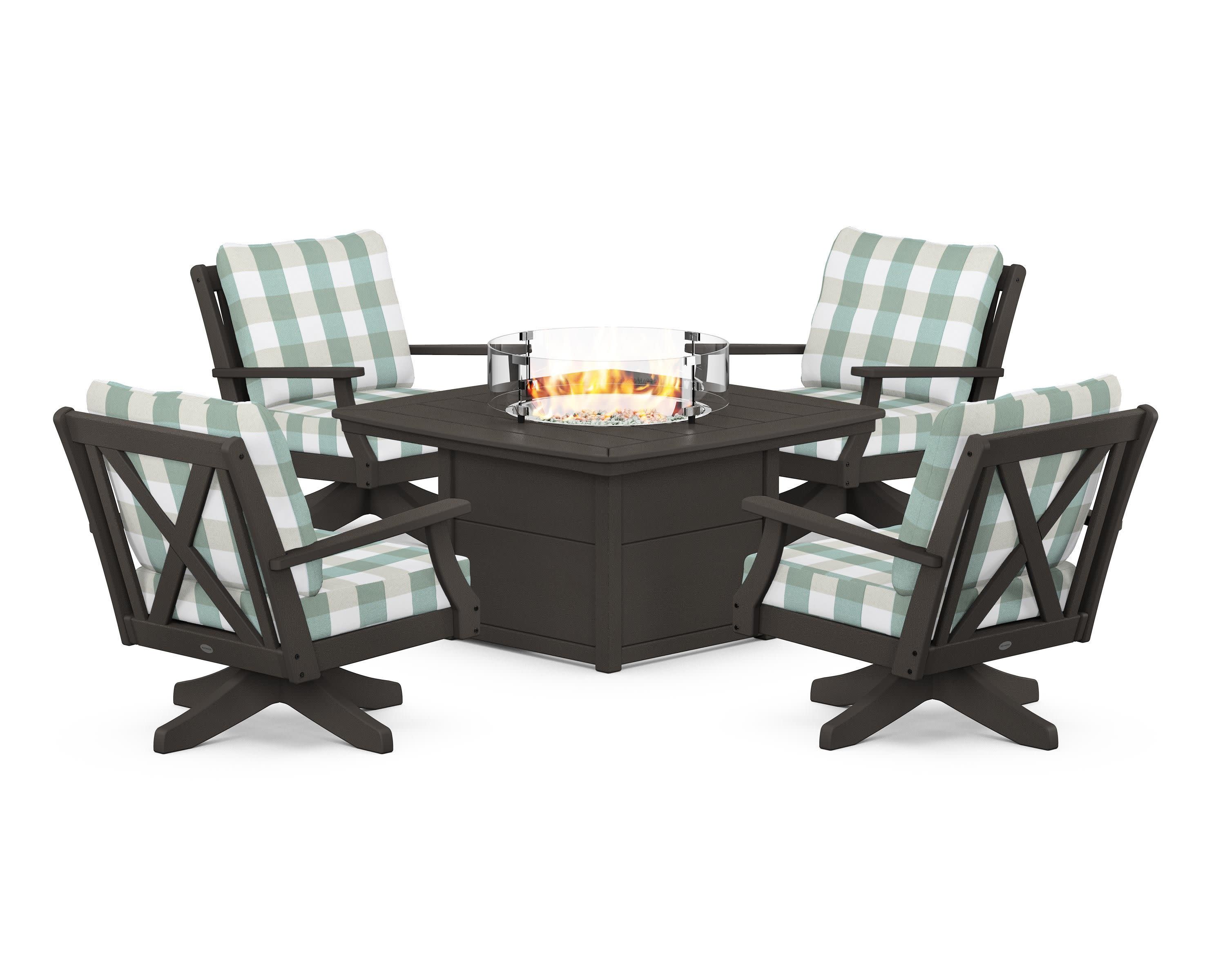Braxton 5-Piece Deep Seating Swivel Conversation Set with Fire Pit Table in Vintage Coffee / Buffalo Plaid Glacier Spa