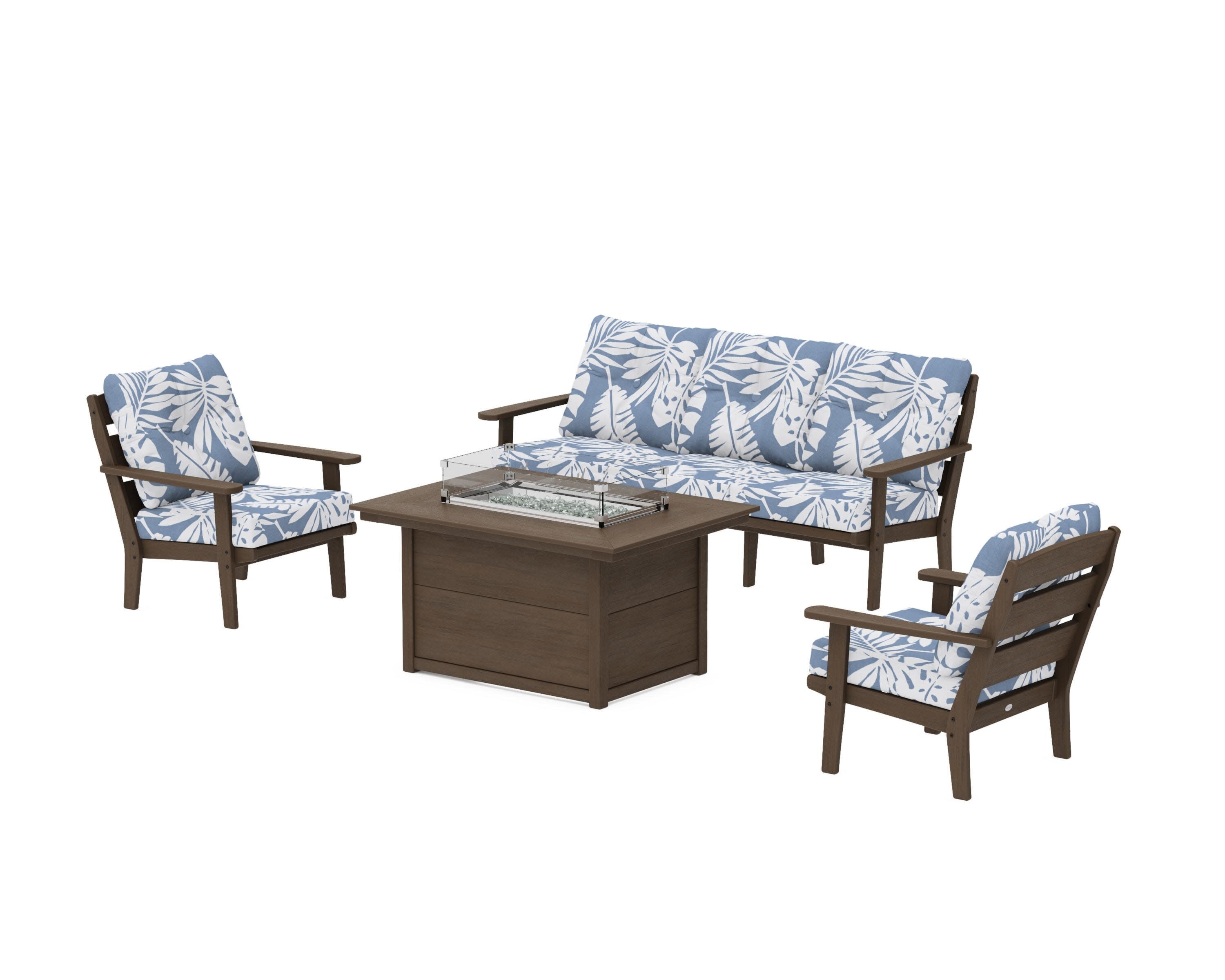 Lakeside Deep Seating Fire Pit Table Set in Kona / Leaf Sky Blue