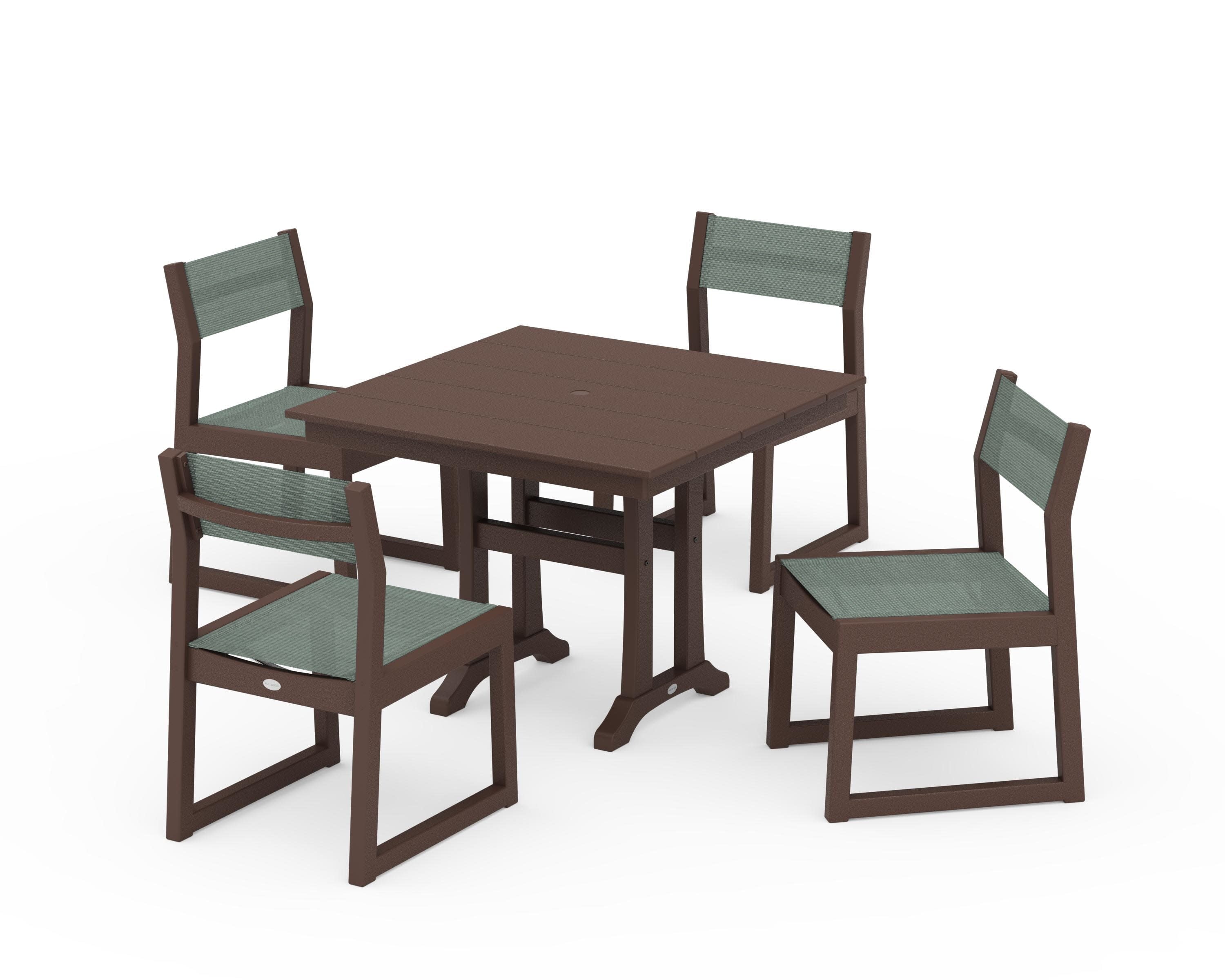 EDGE Sling 5-Piece Farmhouse Trestle Side Chair Dining Set in Mahogany / Dupioni Sea Mist Sling