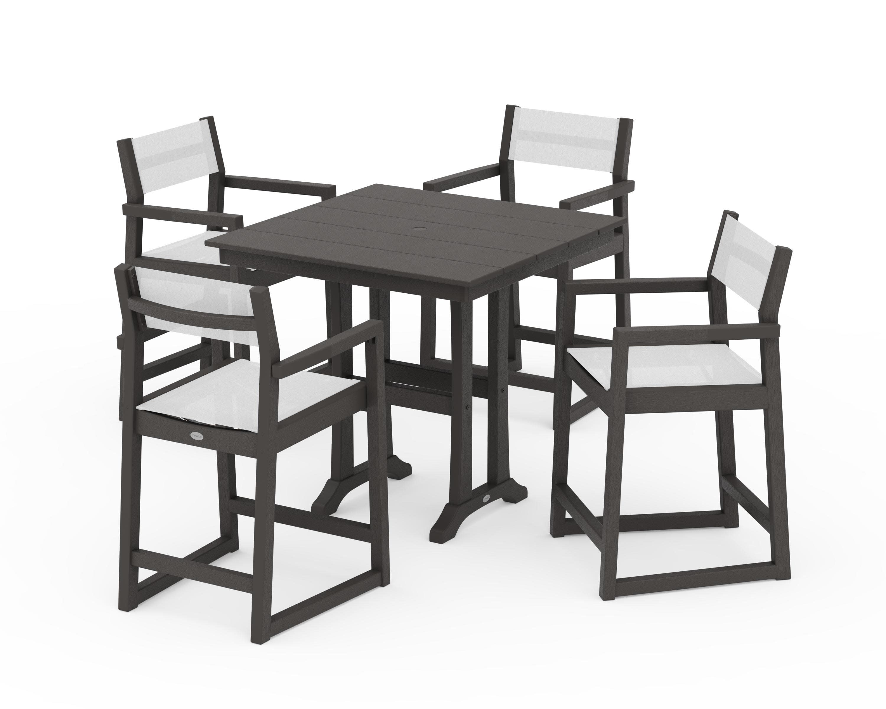 EDGE Sling Arm Chair 5-Piece Farmhouse Counter Set with Trestle Legs in Vintage Coffee / White Sling