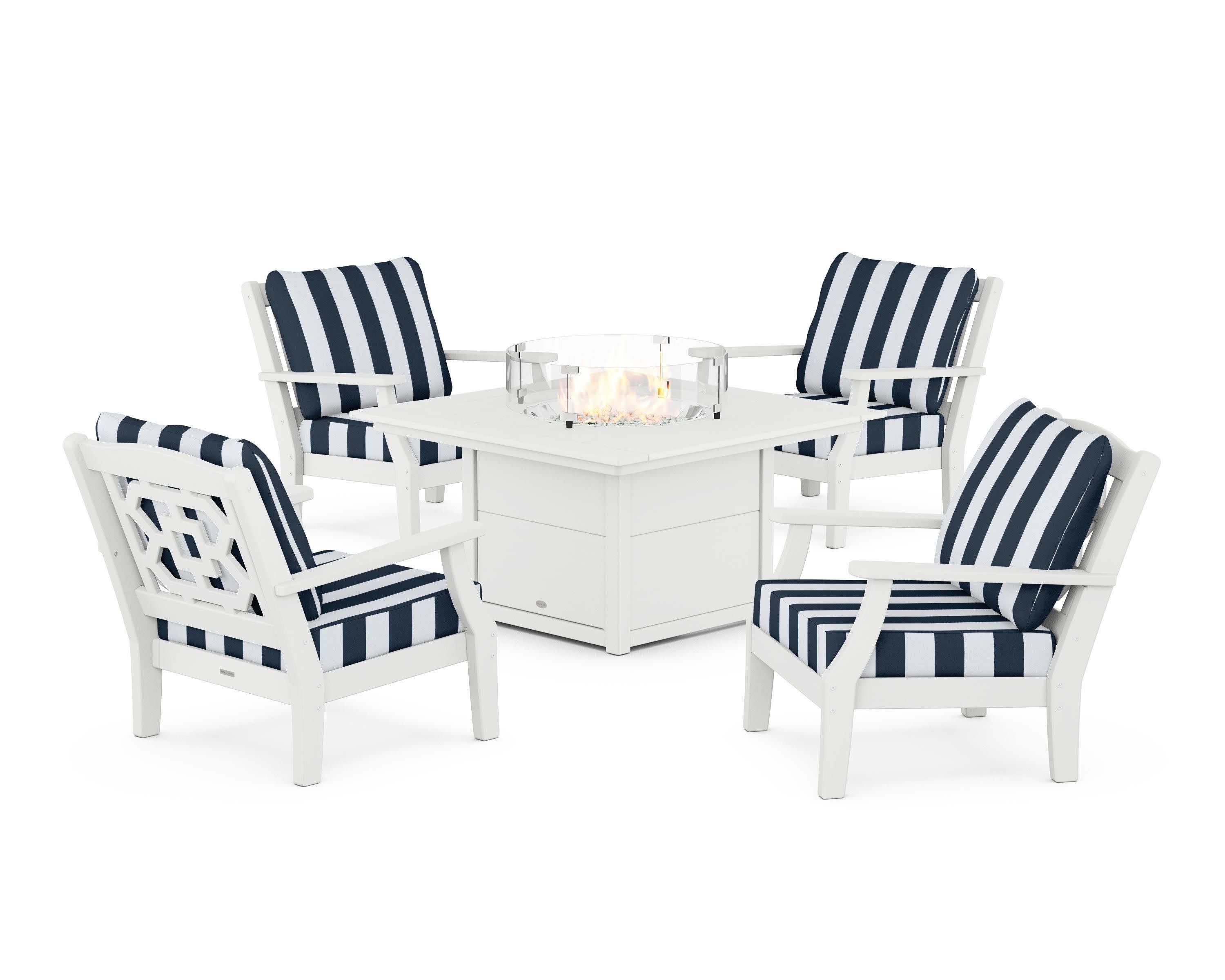 Chinoiserie 5-Piece Deep Seating Set with Fire Pit Table in White / Cabana Stripe Marine Indigo