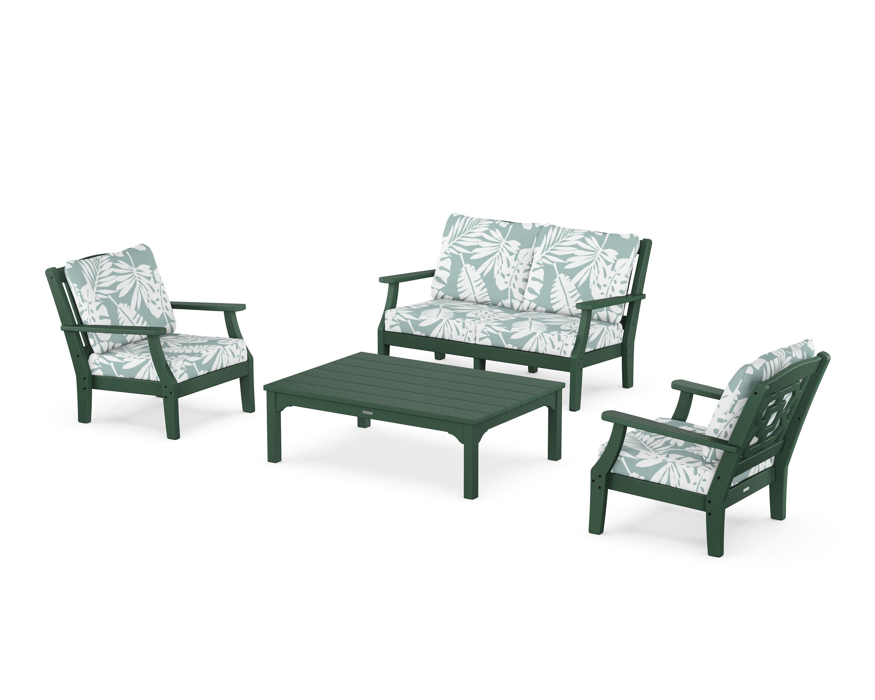 Chinoiserie 4-Piece Deep Seating Set with Loveseat in Green / Leaf Glacier Spa