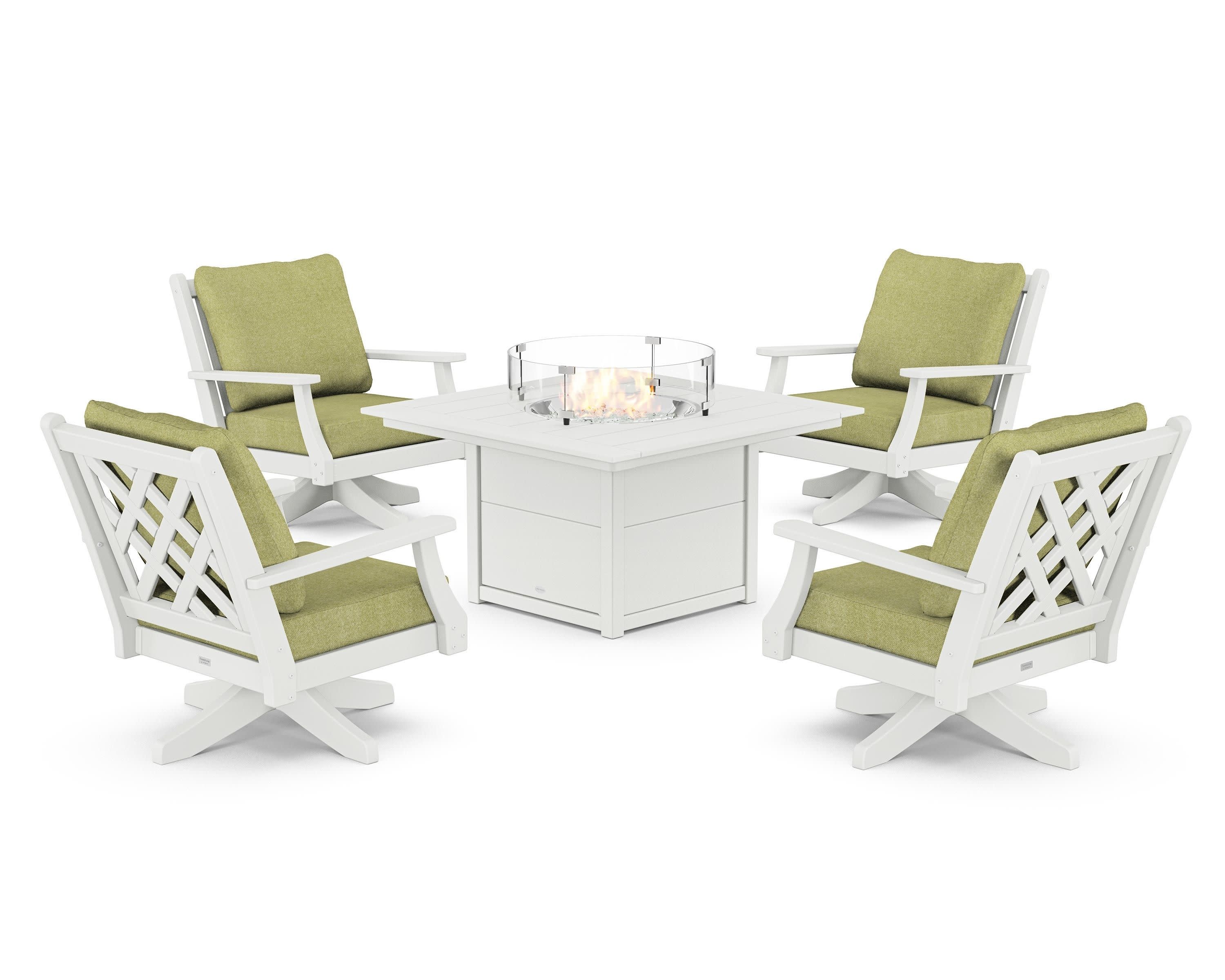 Wovendale 5-Piece Deep Seating Swivel Conversation Set with Fire Pit Table in White / Chartreuse Boucle