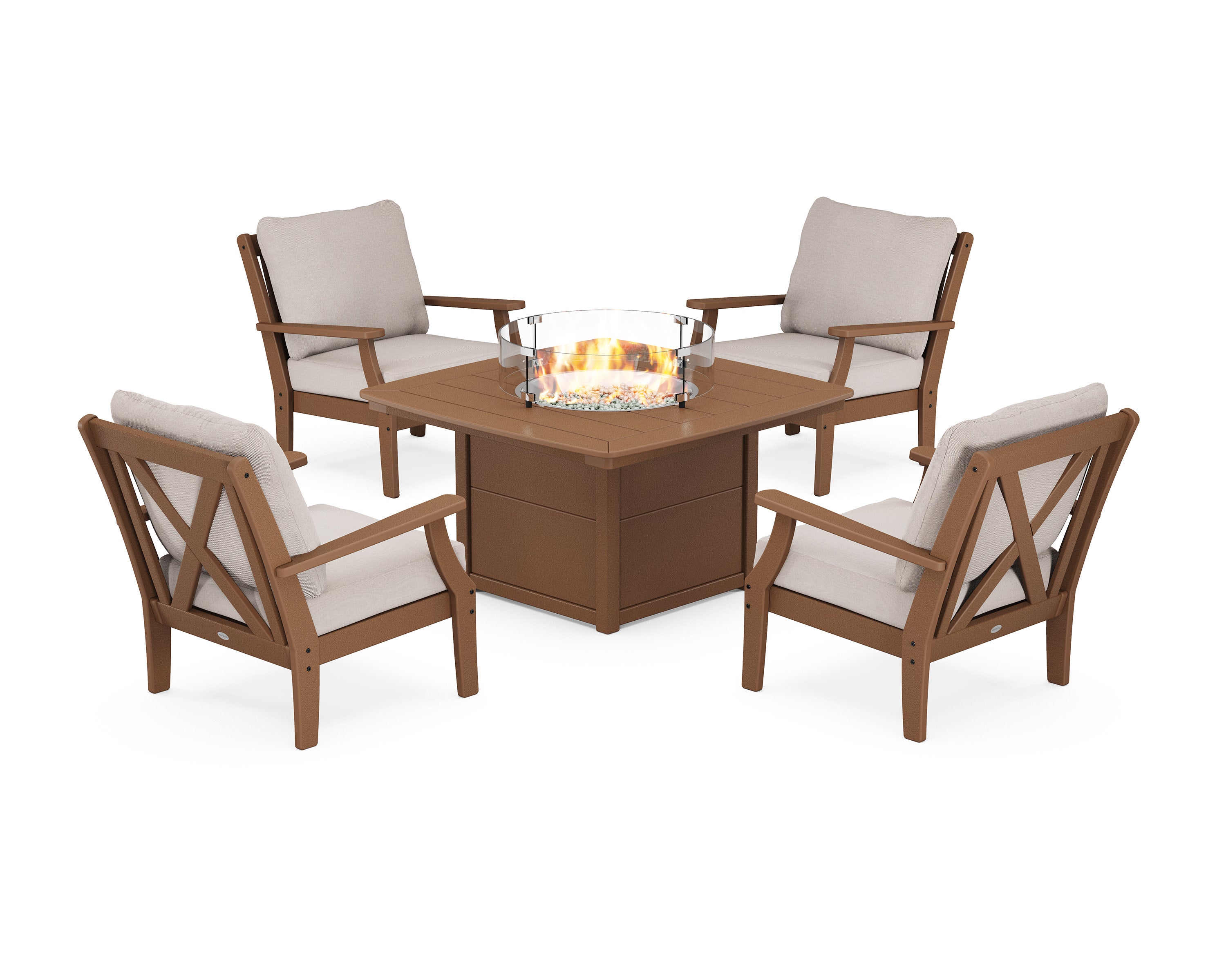 Braxton 5-Piece Deep Seating Conversation Set with Fire Pit Table in Teak / Dune Burlap