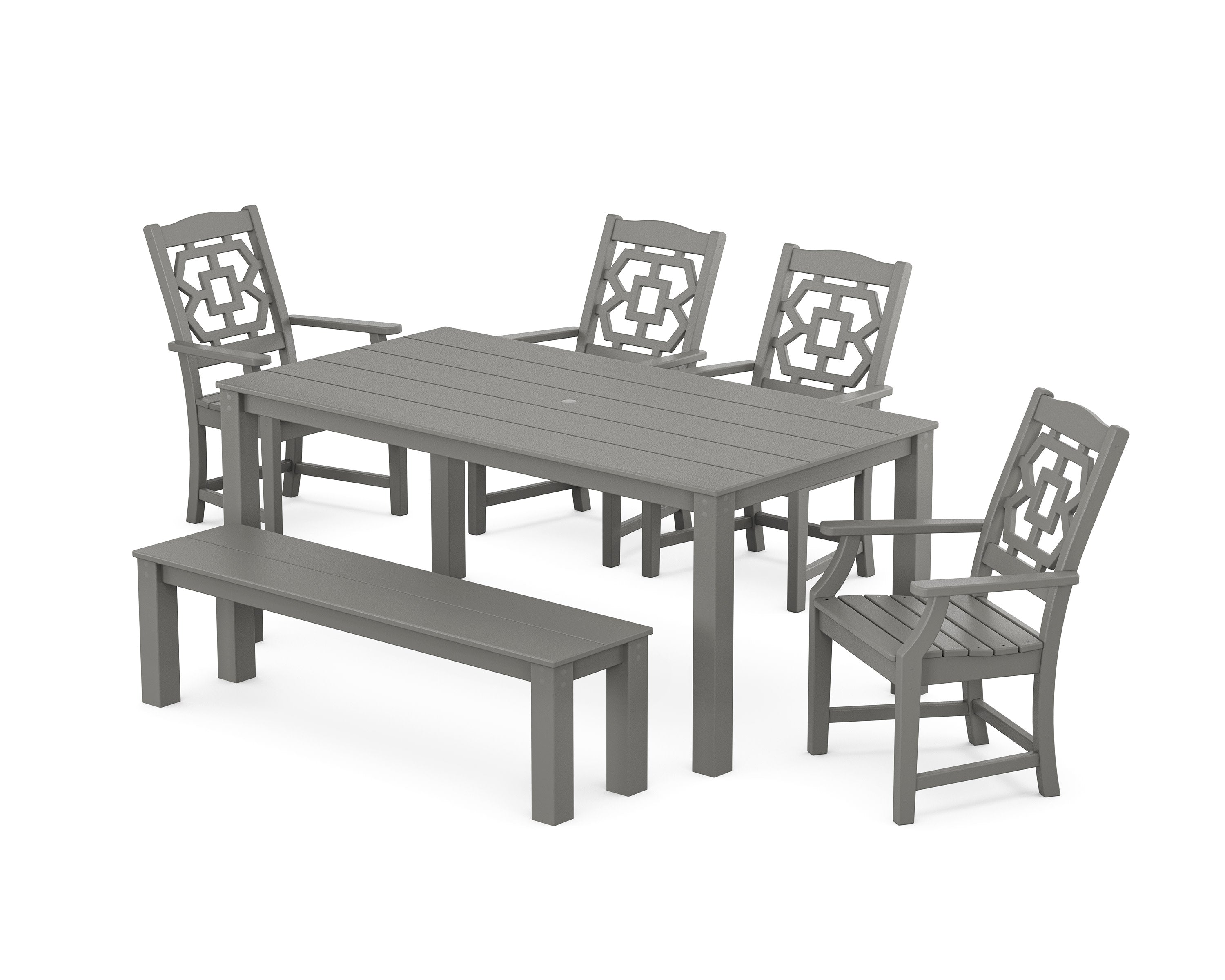 Chinoiserie 6-Piece Parsons Dining Set with Bench in Slate Grey