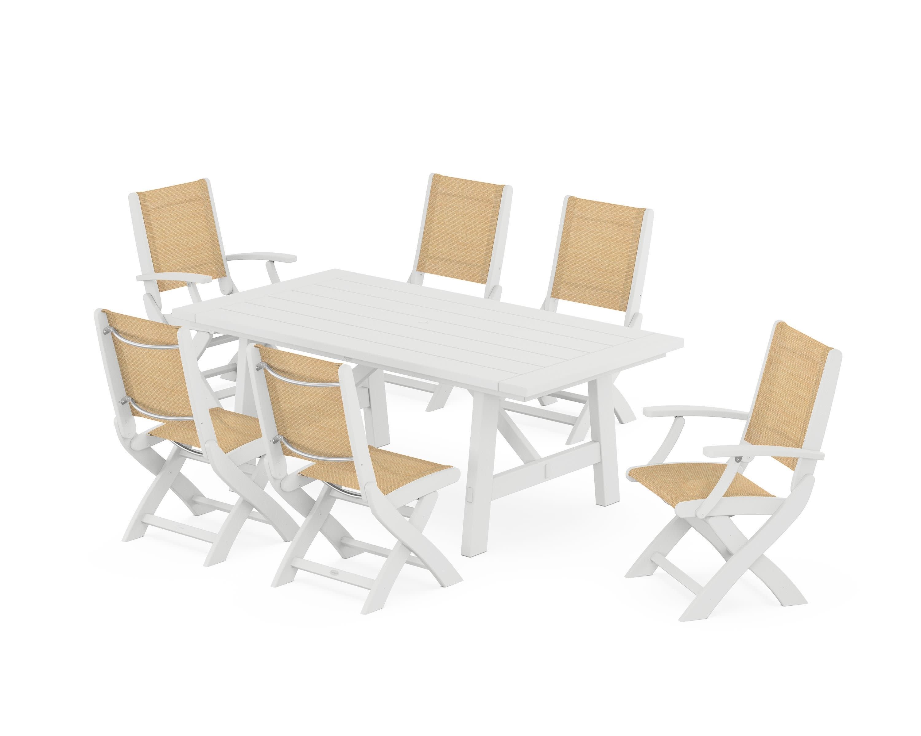 Coastal Folding Chair 7-Piece Rustic Farmhouse Dining Set in White / Dupioni Apricot Sling