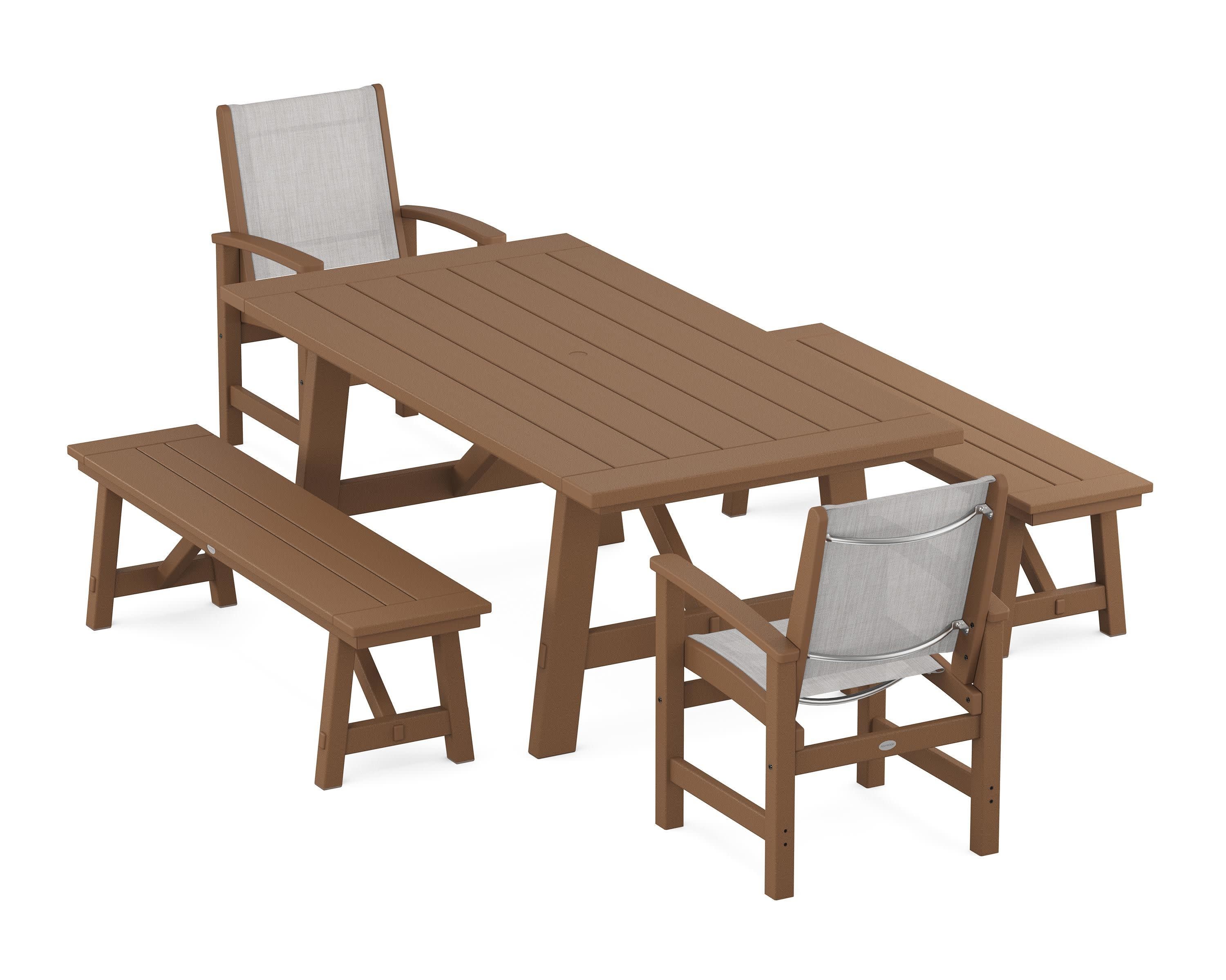 Coastal 5-Piece Rustic Farmhouse Dining Set With Benches in Teak / Parchment Sling