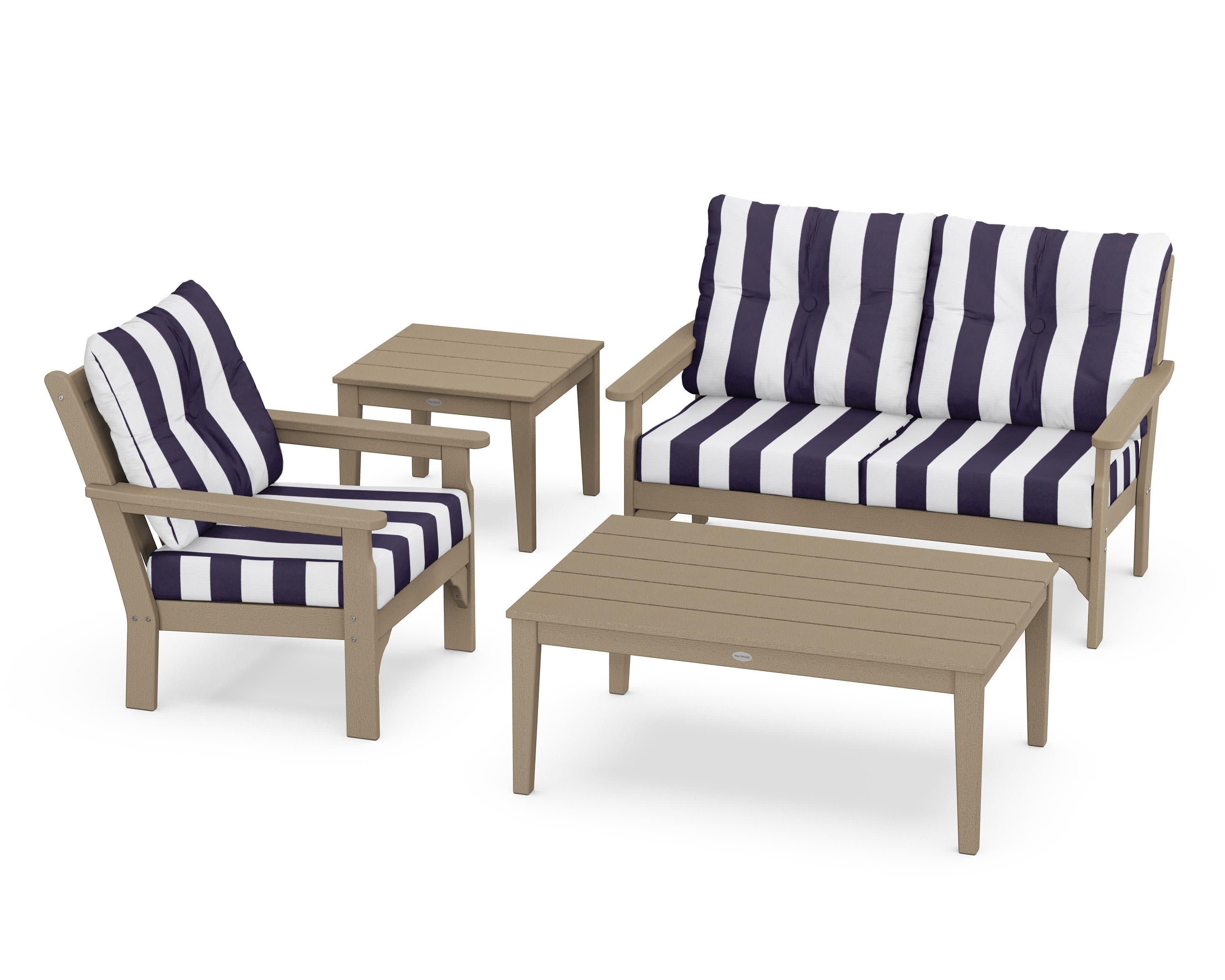 Vineyard 4-Piece Deep Seating Set in Vintage Sahara / Cabana Stripe Navy