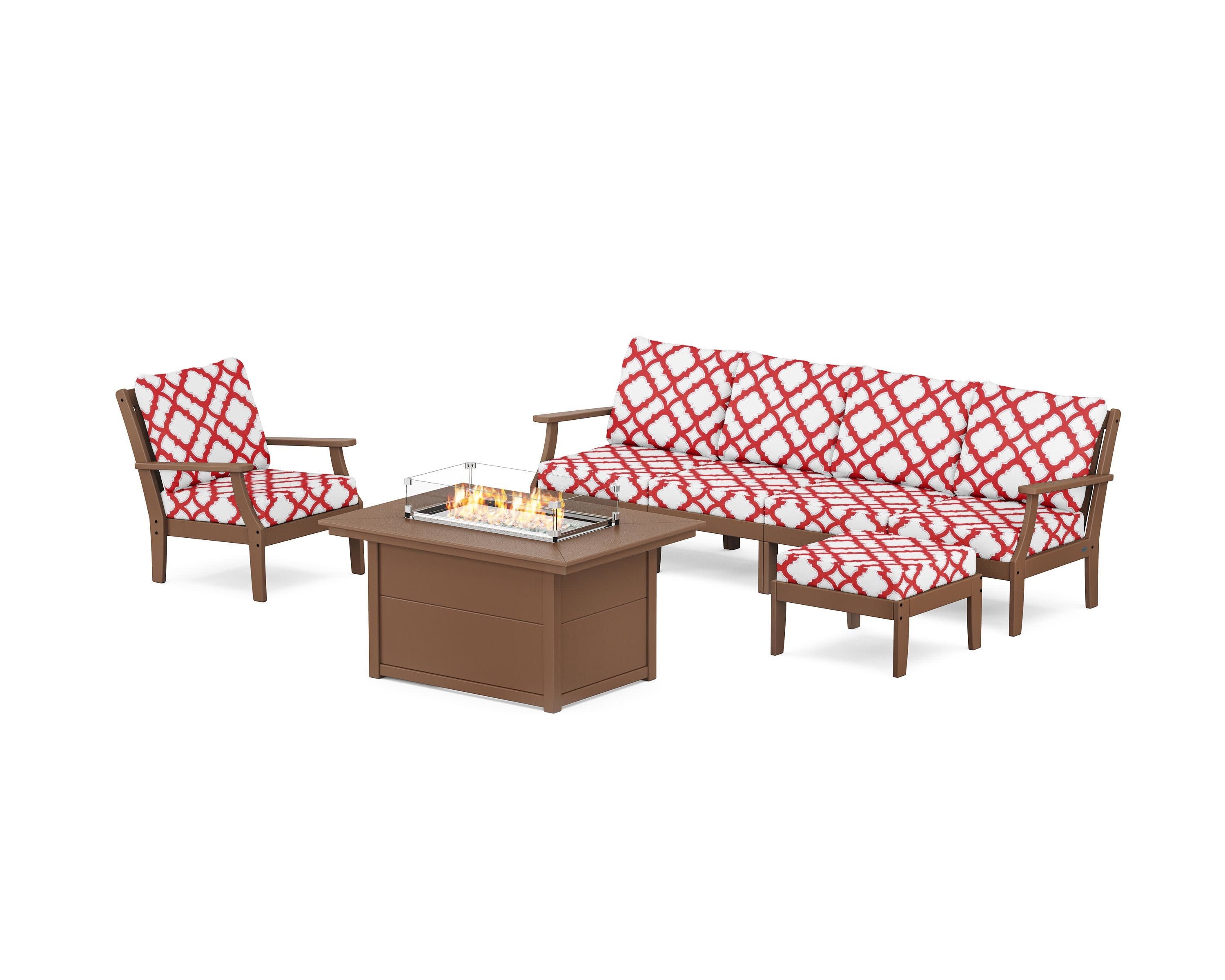 Braxton Sectional Lounge and Fire Pit Set in Teak / Trellis Crimson