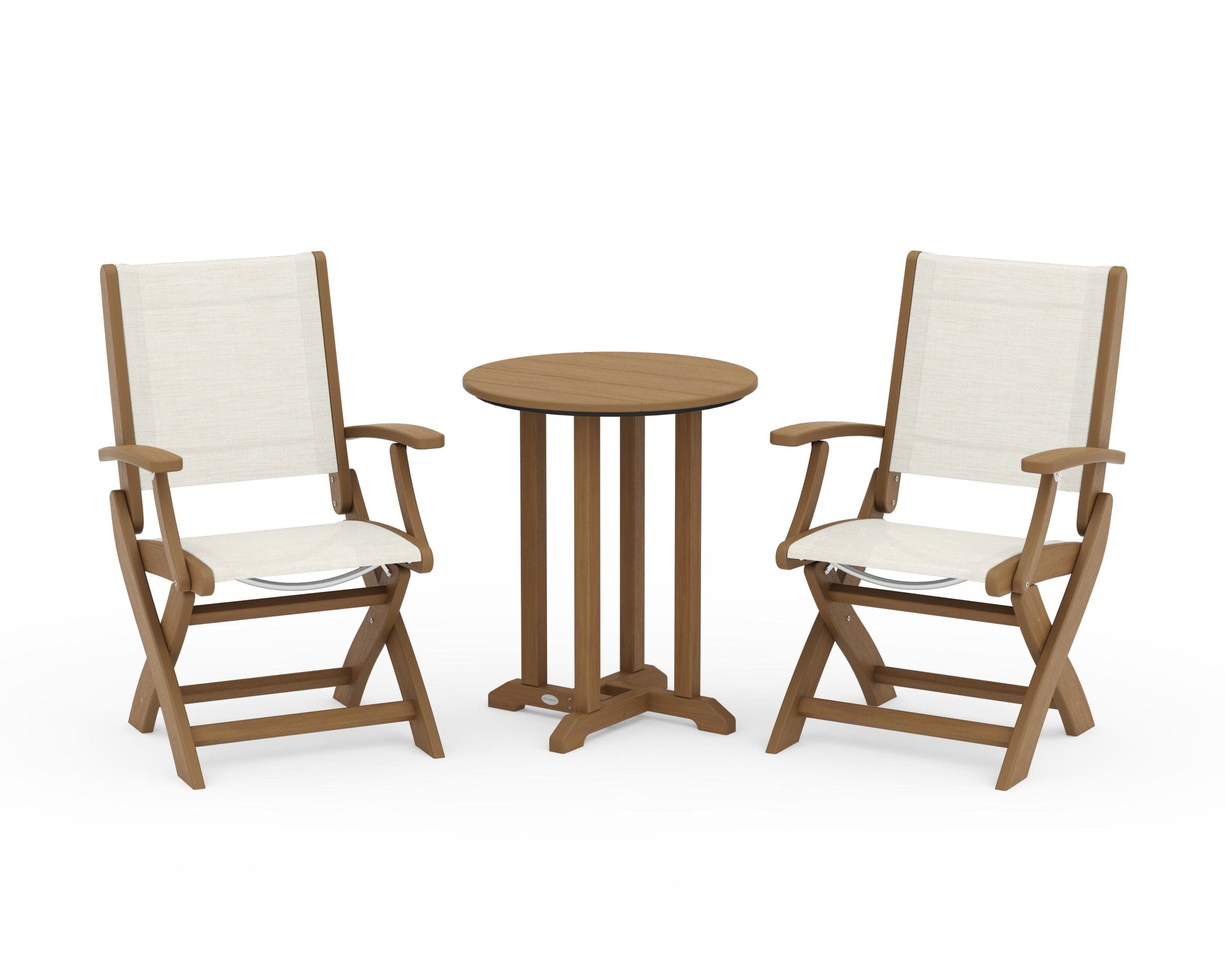 Coastal Folding 3-Piece Round Bistro Dining Set in Natural / Parchment Sling