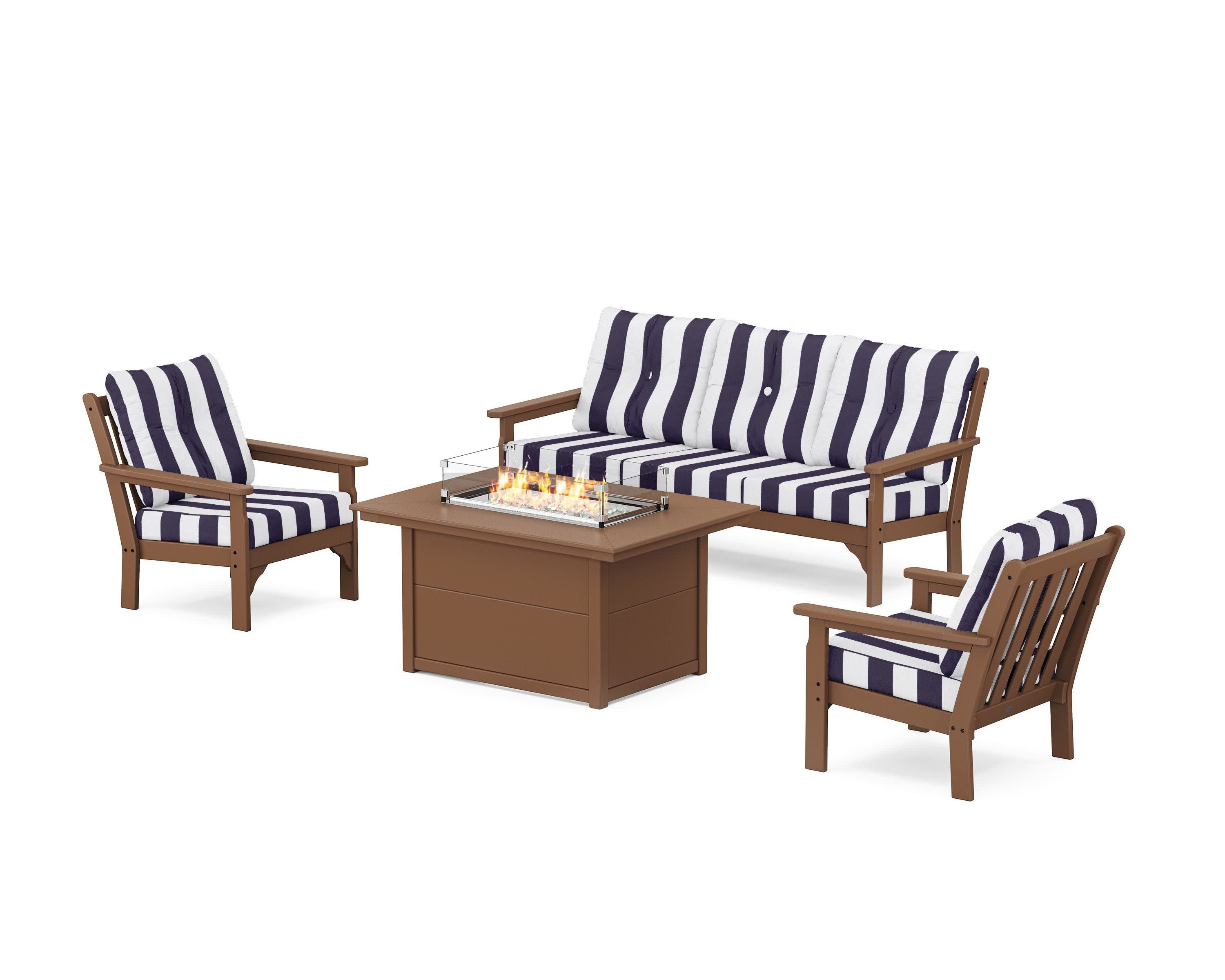 Vineyard Deep Seating Fire Pit Table Set in Teak / Cabana Stripe Navy
