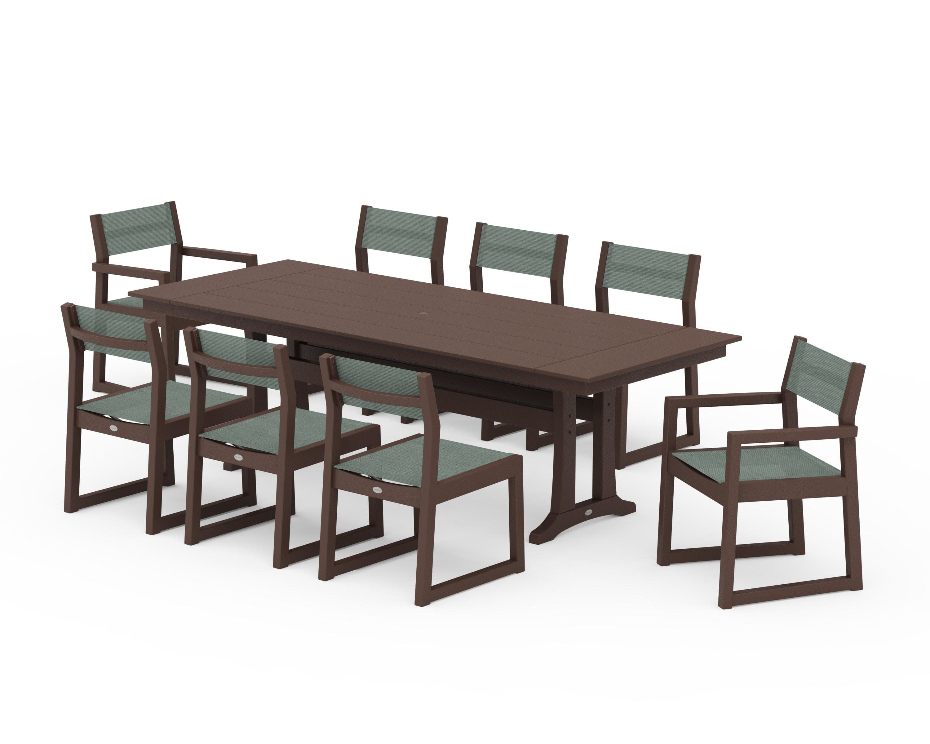 EDGE Sling 9-Piece Farmhouse Trestle Dining Set in Mahogany / Dupioni Sea Mist Sling