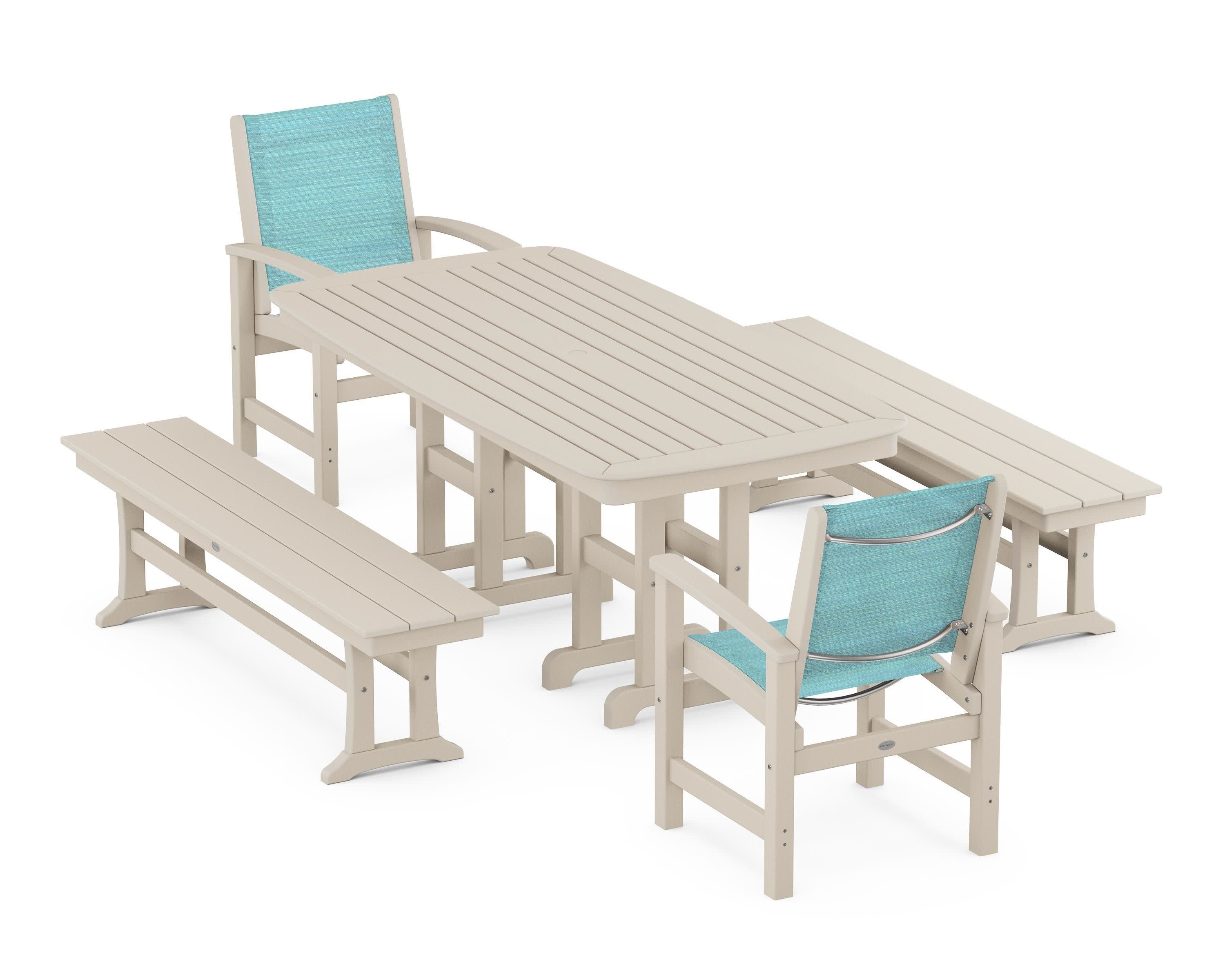 Coastal 5-Piece Dining Set in Sand / Dupioni Aquamarine Sling