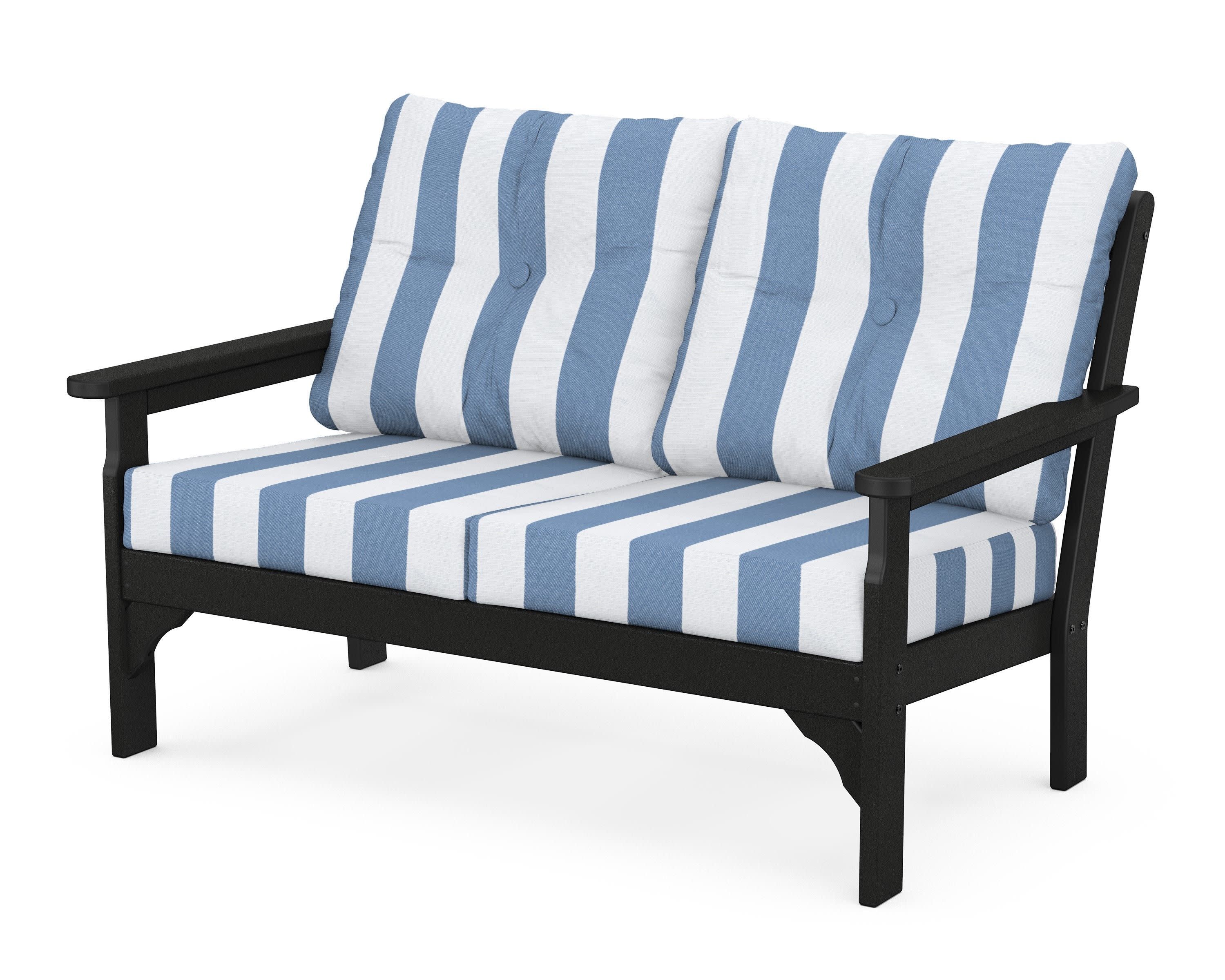 Vineyard Deep Seating Loveseat in Black / Cabana Stripe Sky Blue