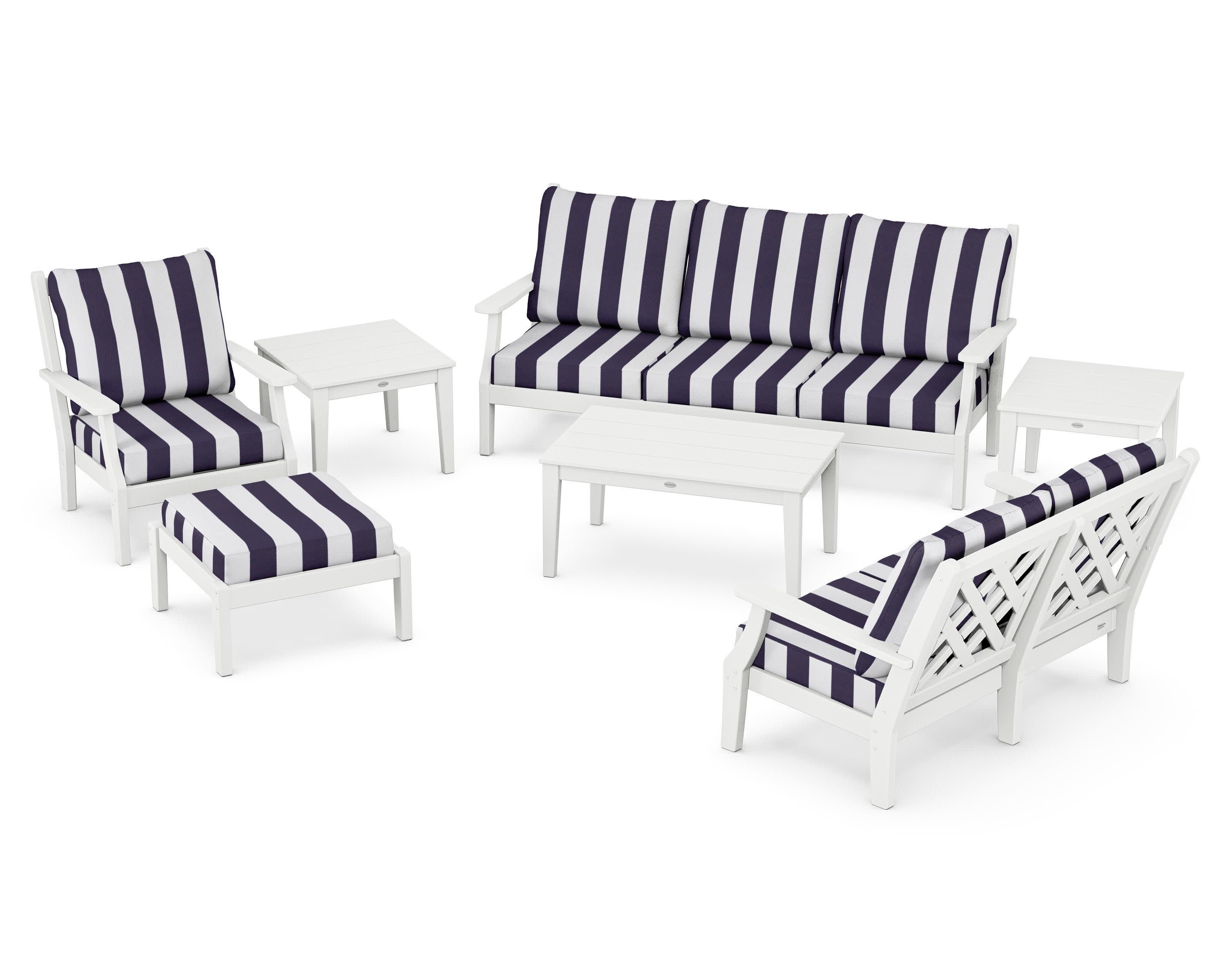 Wovendale 7-Piece Deep Seating Set in White / Cabana Stripe Navy