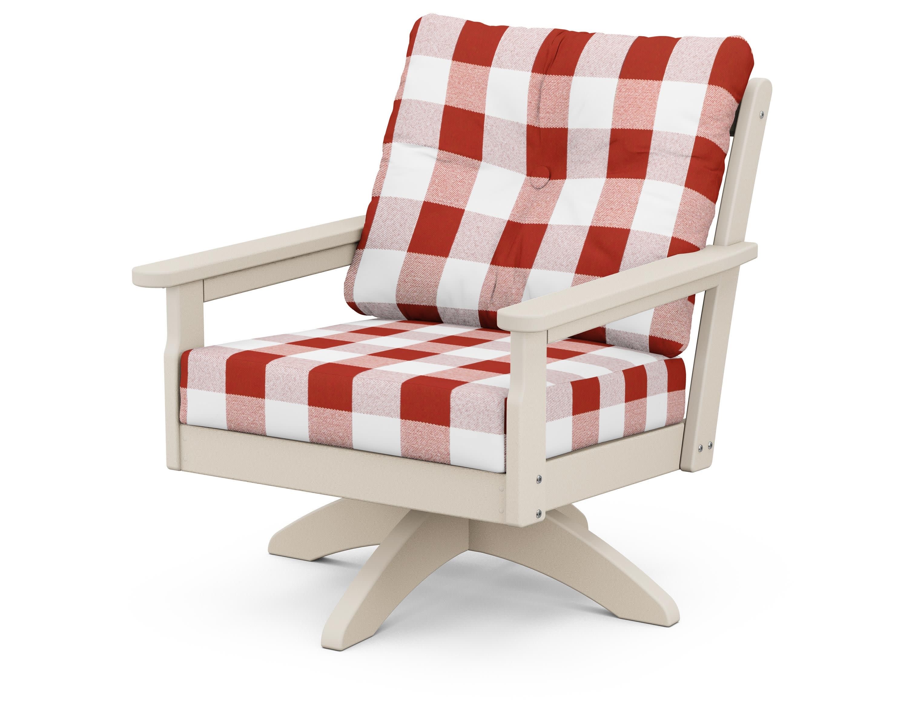 Vineyard Deep Seating Swivel Chair in Sand / Buffalo Plaid Crimson