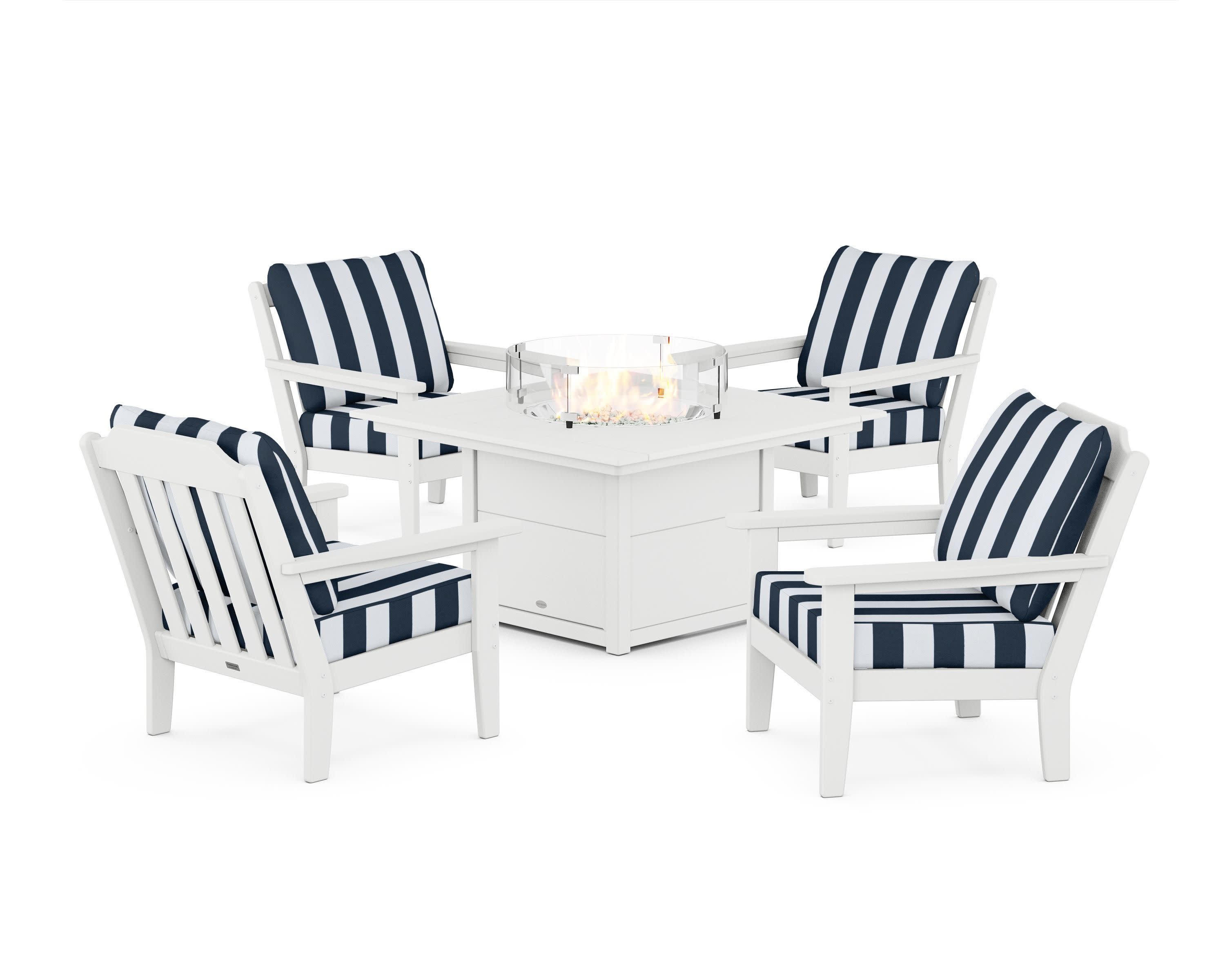 Cottage 5-Piece Deep Seating Set with Fire Pit Table in White / Cabana Stripe Marine Indigo