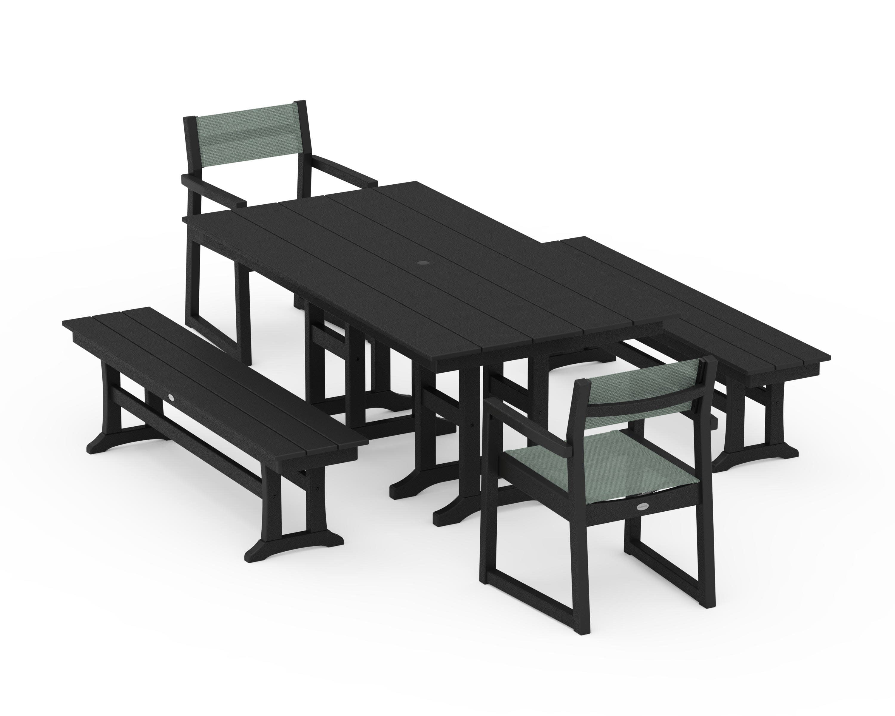 EDGE Sling Arm Chair 5-Piece Farmhouse Dining Set with Benches in Black / Dupioni Sea Mist Sling