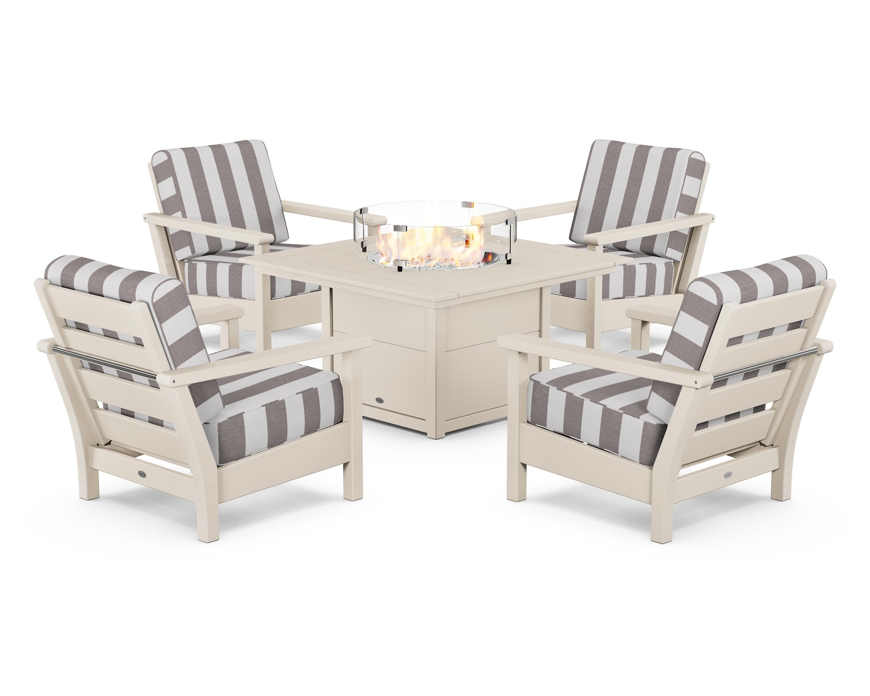 Harbour 5-Piece Conversation Set with Fire Pit Table in Sand / Cabana Stripe Grey Mist