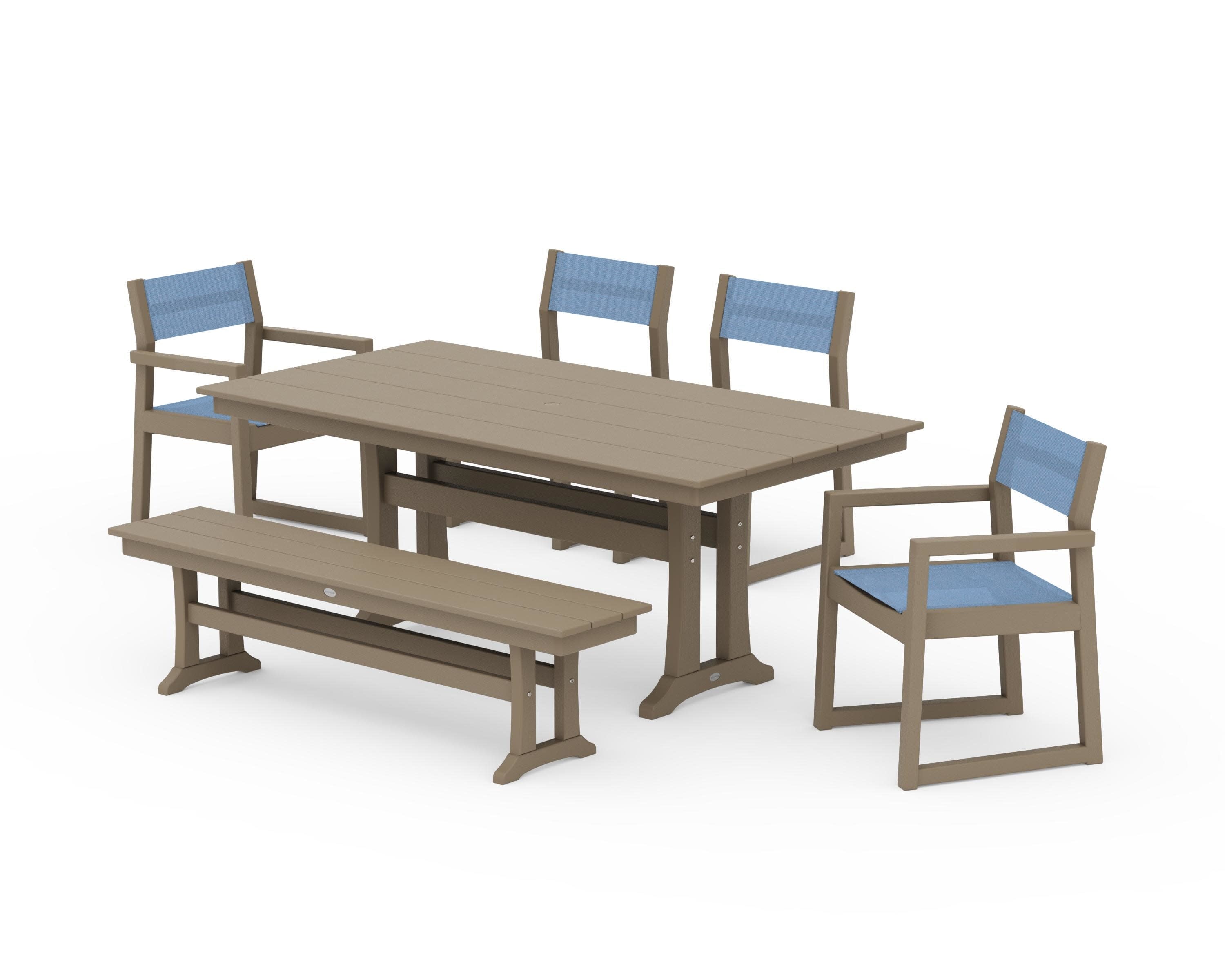 EDGE Sling 6-Piece Farmhouse Dining Set With Trestle Legs in Vintage Sahara / Poolside Sling
