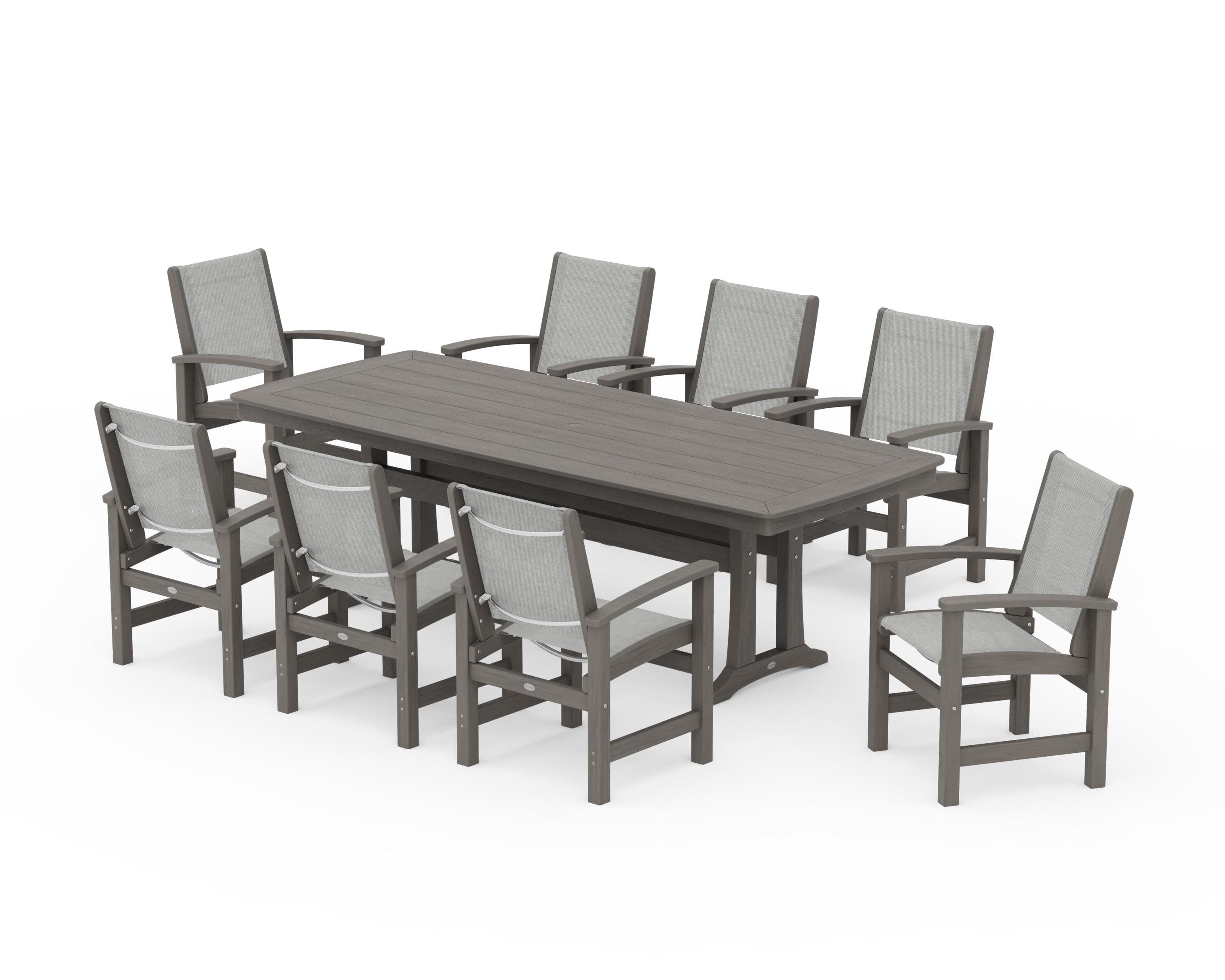 Coastal 9-Piece Dining Set with Trestle Legs in Driftwood / Metallic Sling