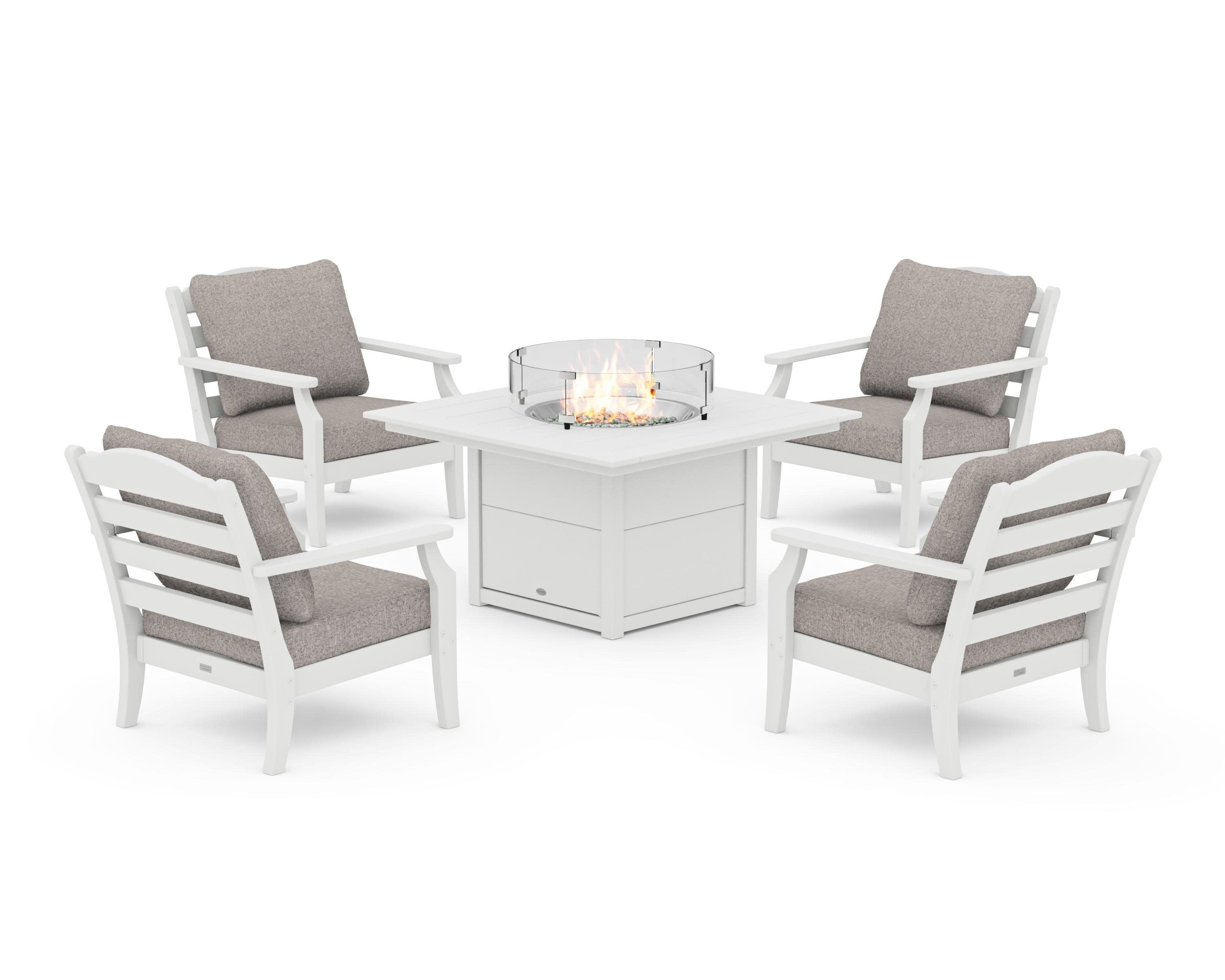 Savannah 5-Piece Deep Seating Set with Fire Pit Table in White / Weathered Tweed