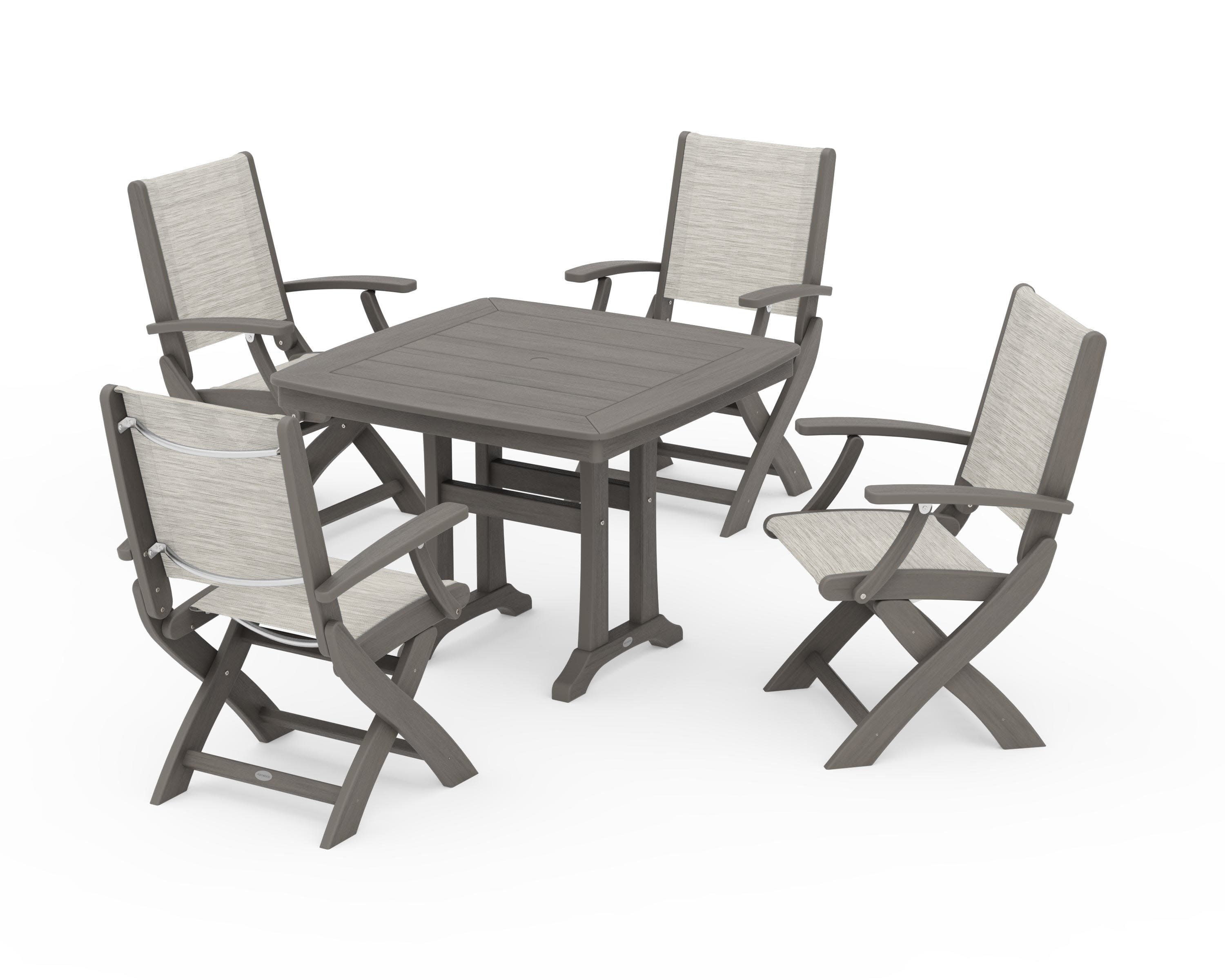 Coastal Folding Chair 5-Piece Dining Set with Trestle Legs in Driftwood / Birch Sling