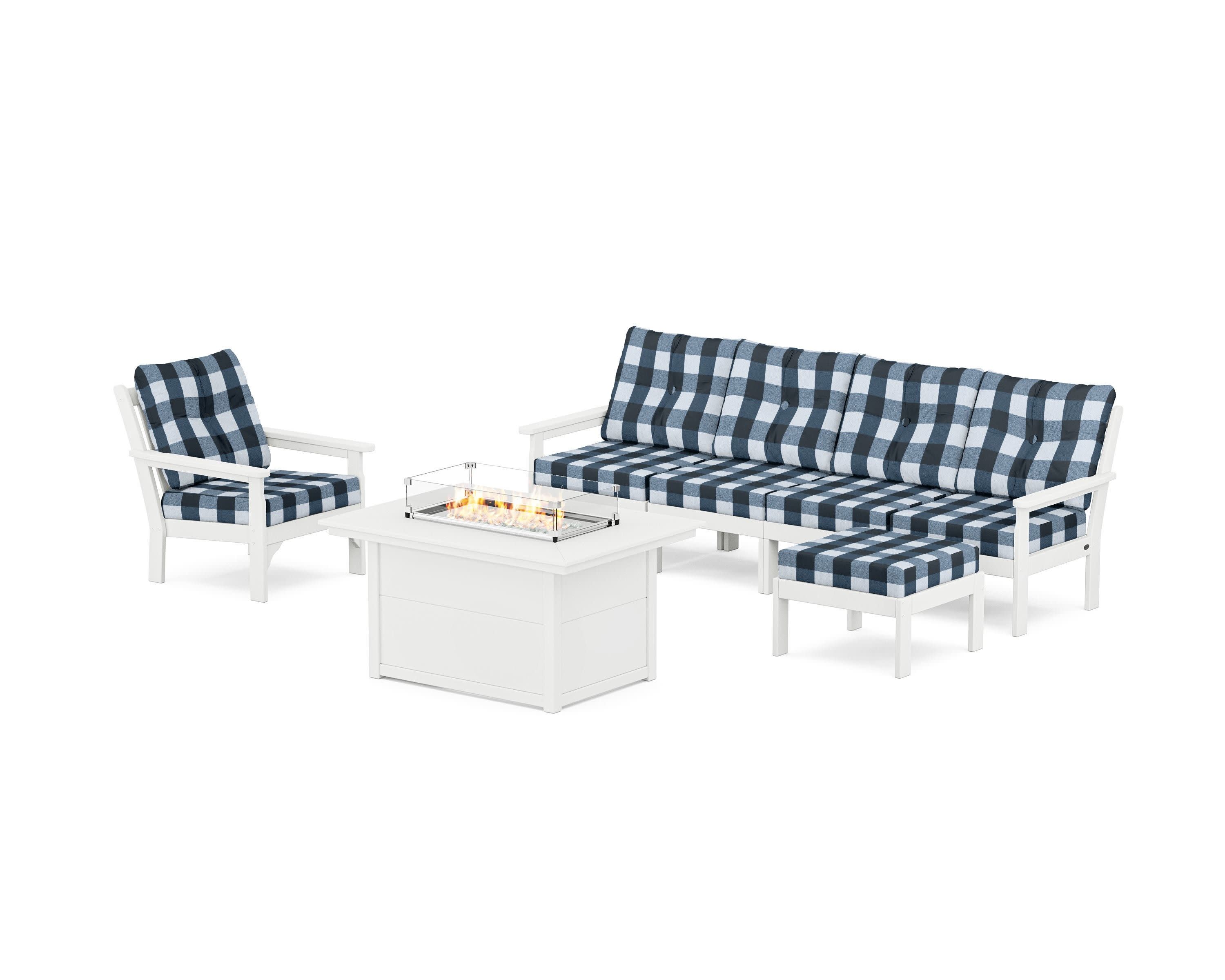 Vineyard Sectional Lounge and Fire Pit Set in White / Buffalo Plaid Marine Indigo