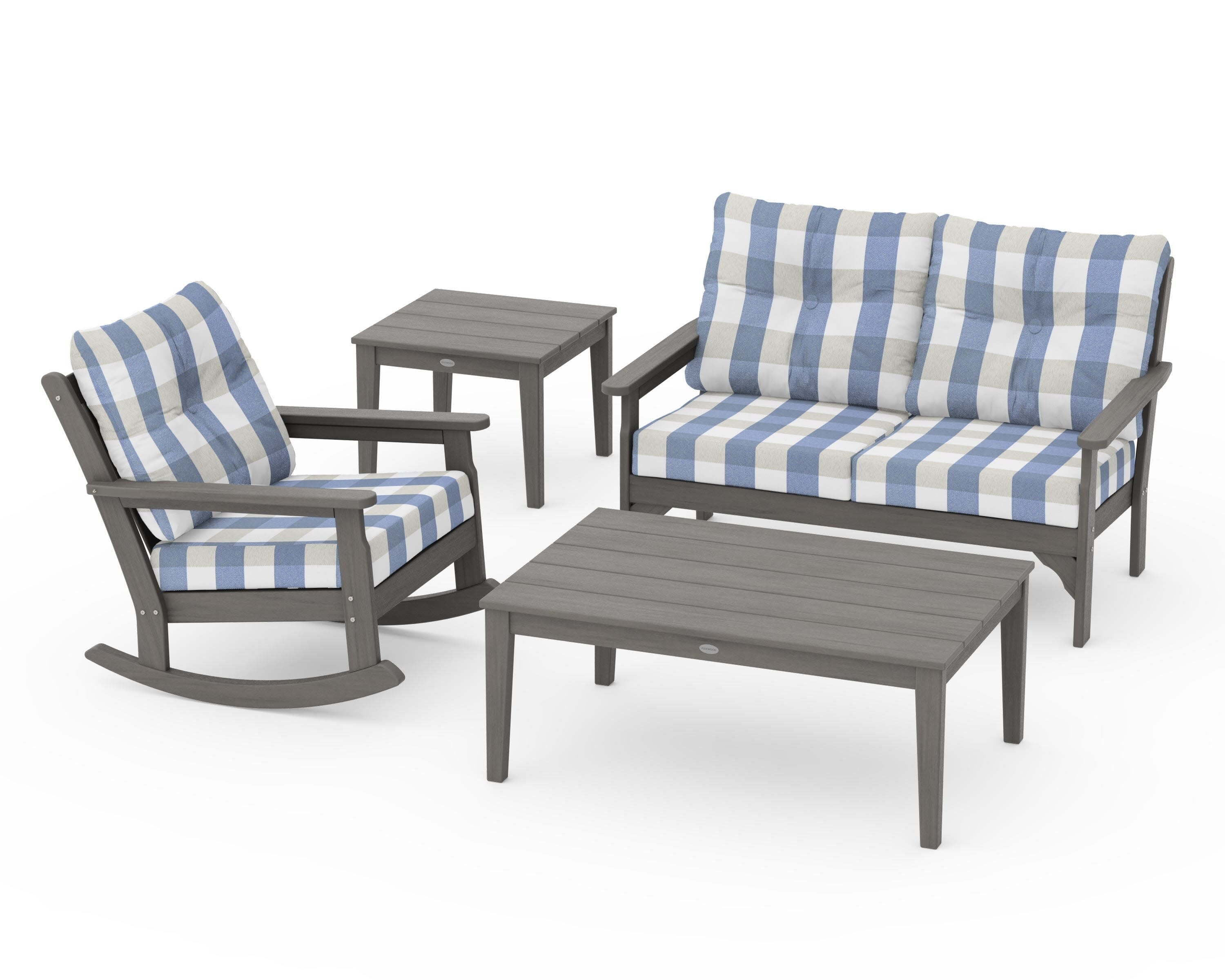 Vineyard 4-Piece Deep Seating Rocker Set in Driftwood / Buffalo Plaid Sky Blue