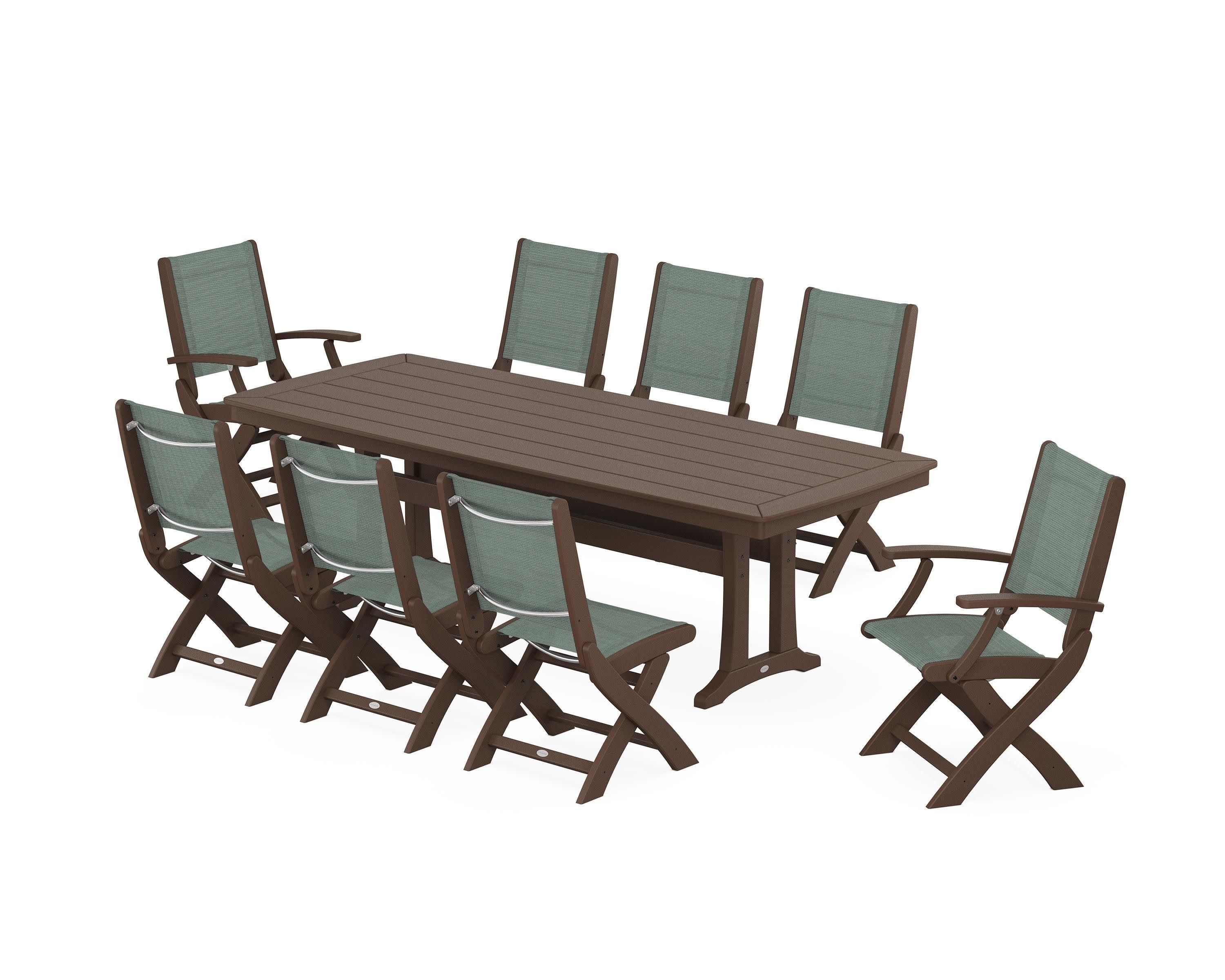 Coastal Folding 9-Piece Dining Set with Trestle Legs in Mahogany / Dupioni Sea Mist Sling