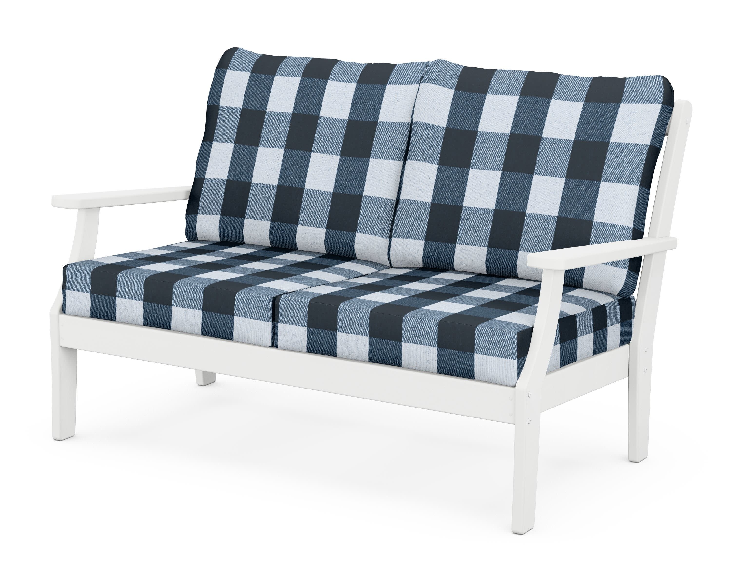 Braxton Deep Seating Loveseat in White / Buffalo Plaid Marine Indigo