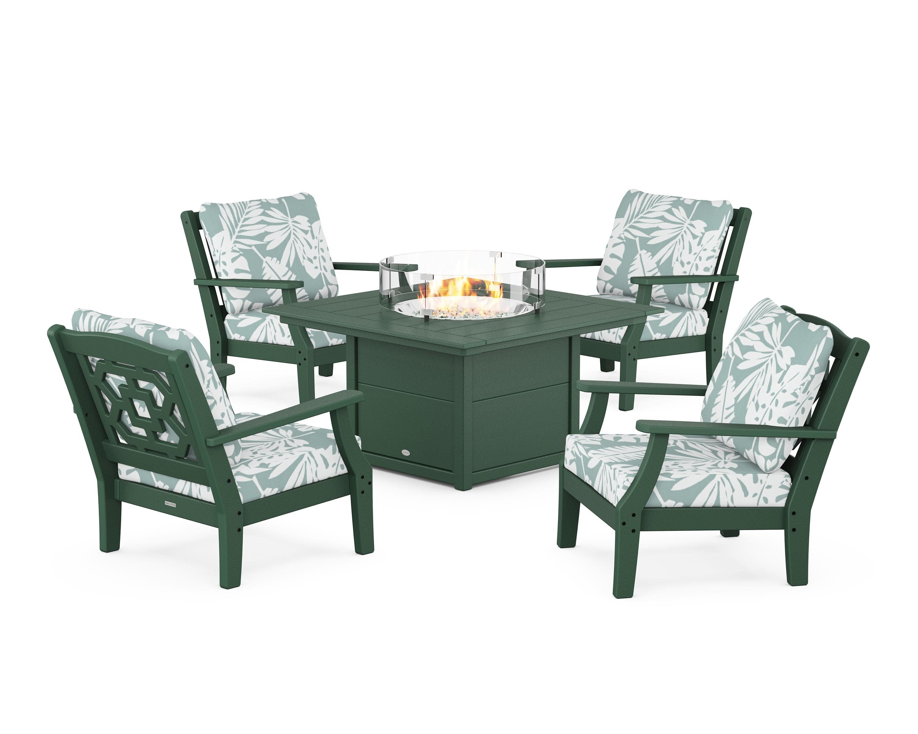 Chinoiserie 5-Piece Deep Seating Set with Fire Pit Table in Green / Leaf Glacier Spa