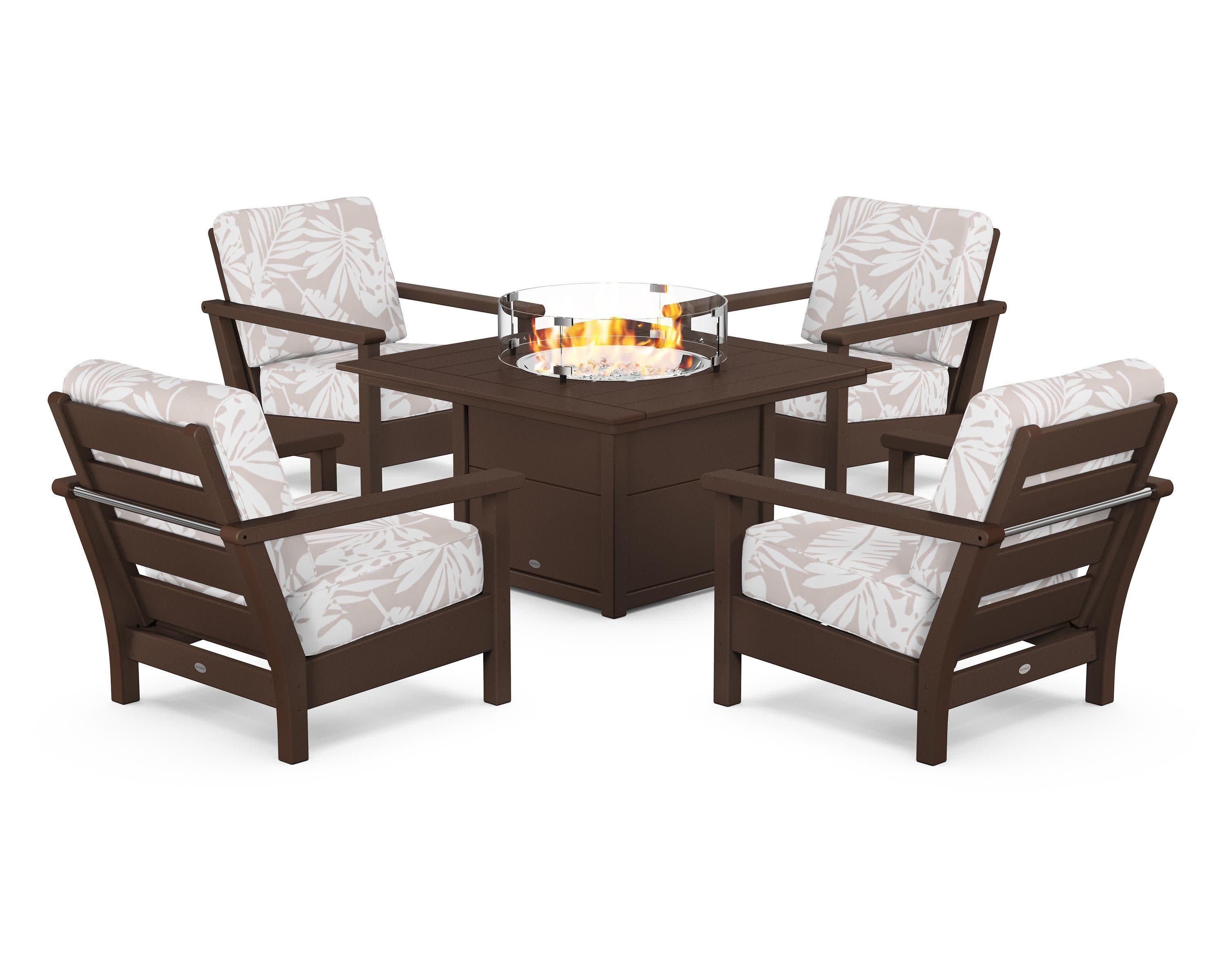 Harbour 5-Piece Conversation Set with Fire Pit Table in Mahogany / Leaf Dune Burlap