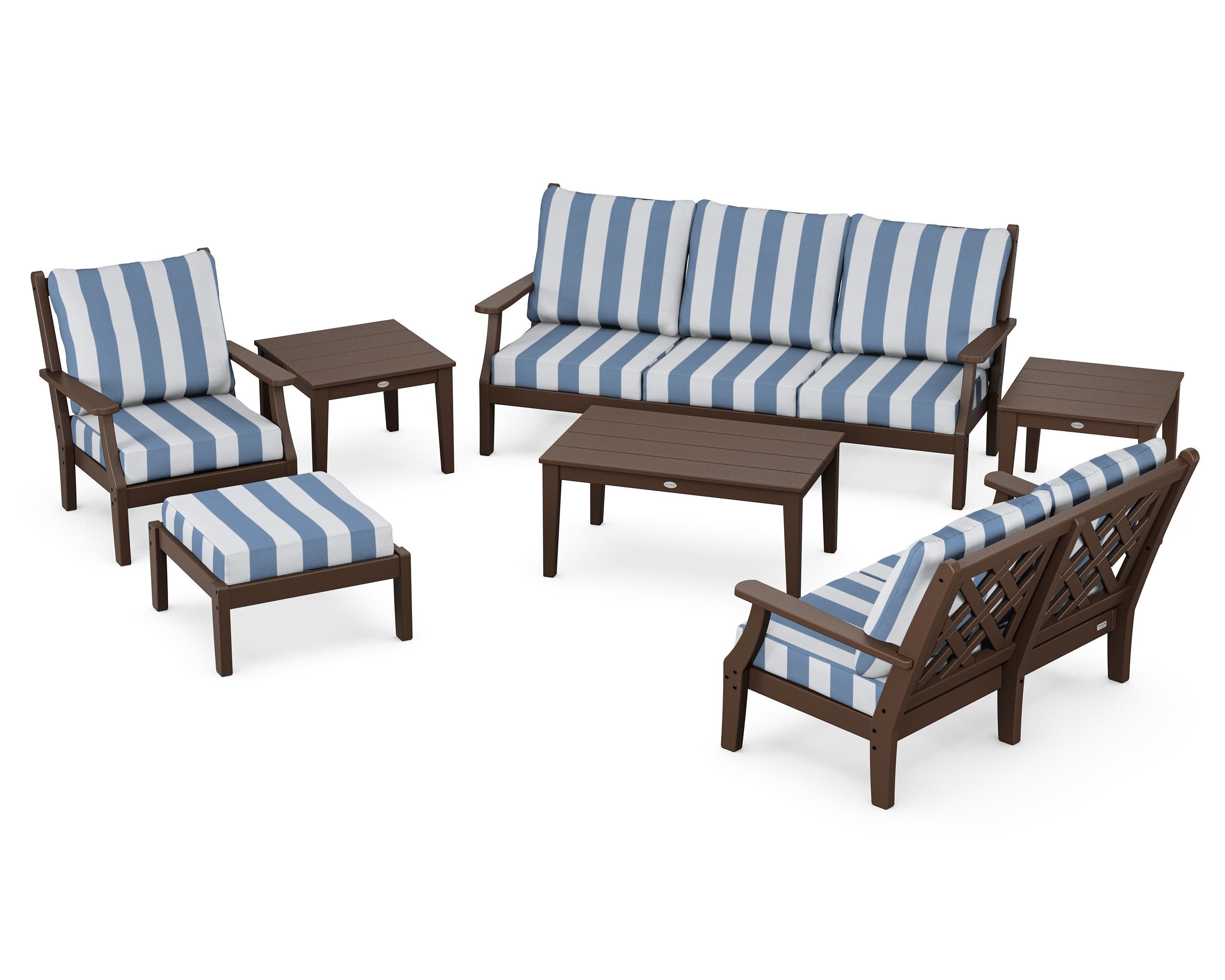 Wovendale 7-Piece Deep Seating Set in Mahogany / Cabana Stripe Sky Blue