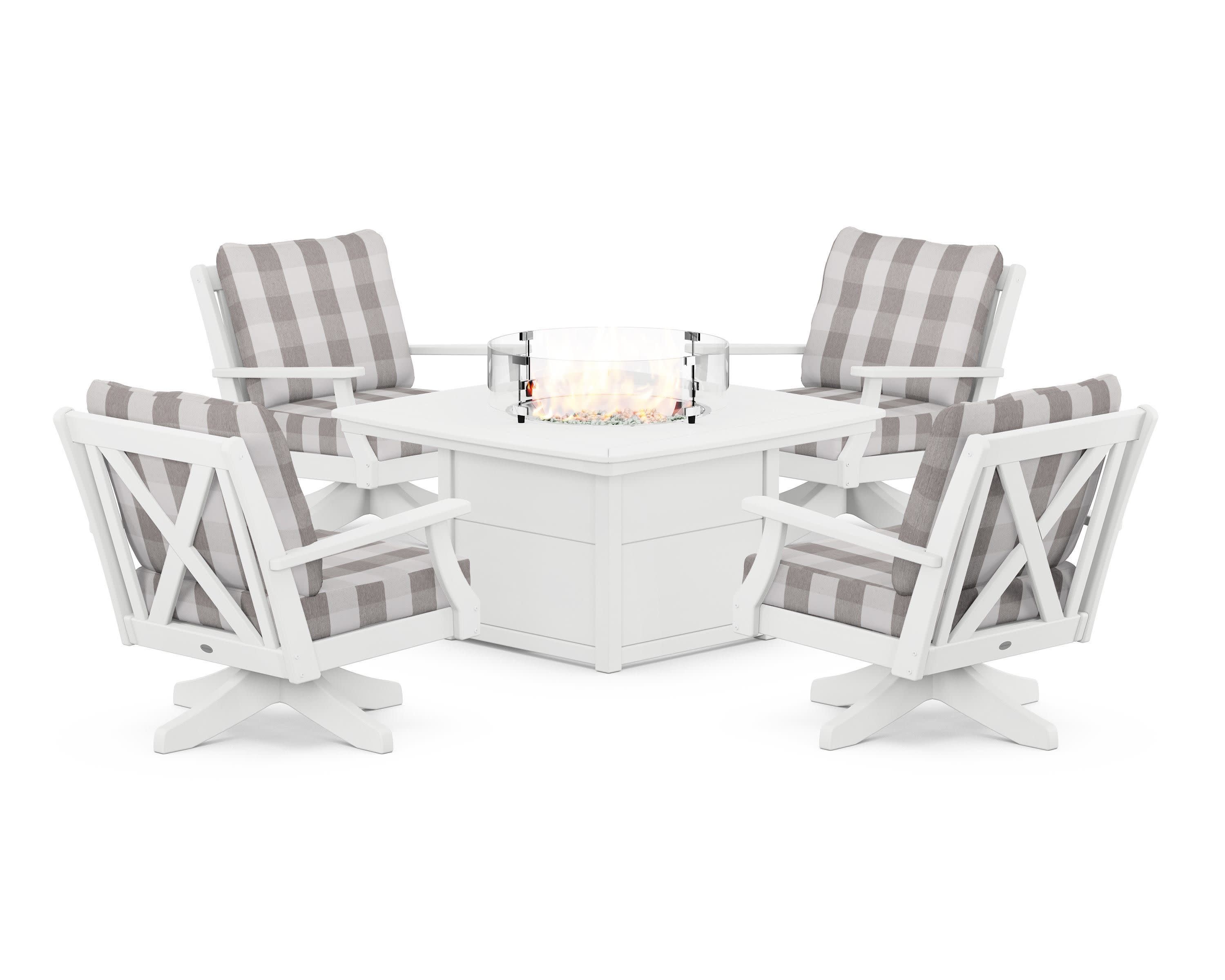 Braxton 5-Piece Deep Seating Swivel Conversation Set with Fire Pit Table in White / Buffalo Plaid Grey Mist