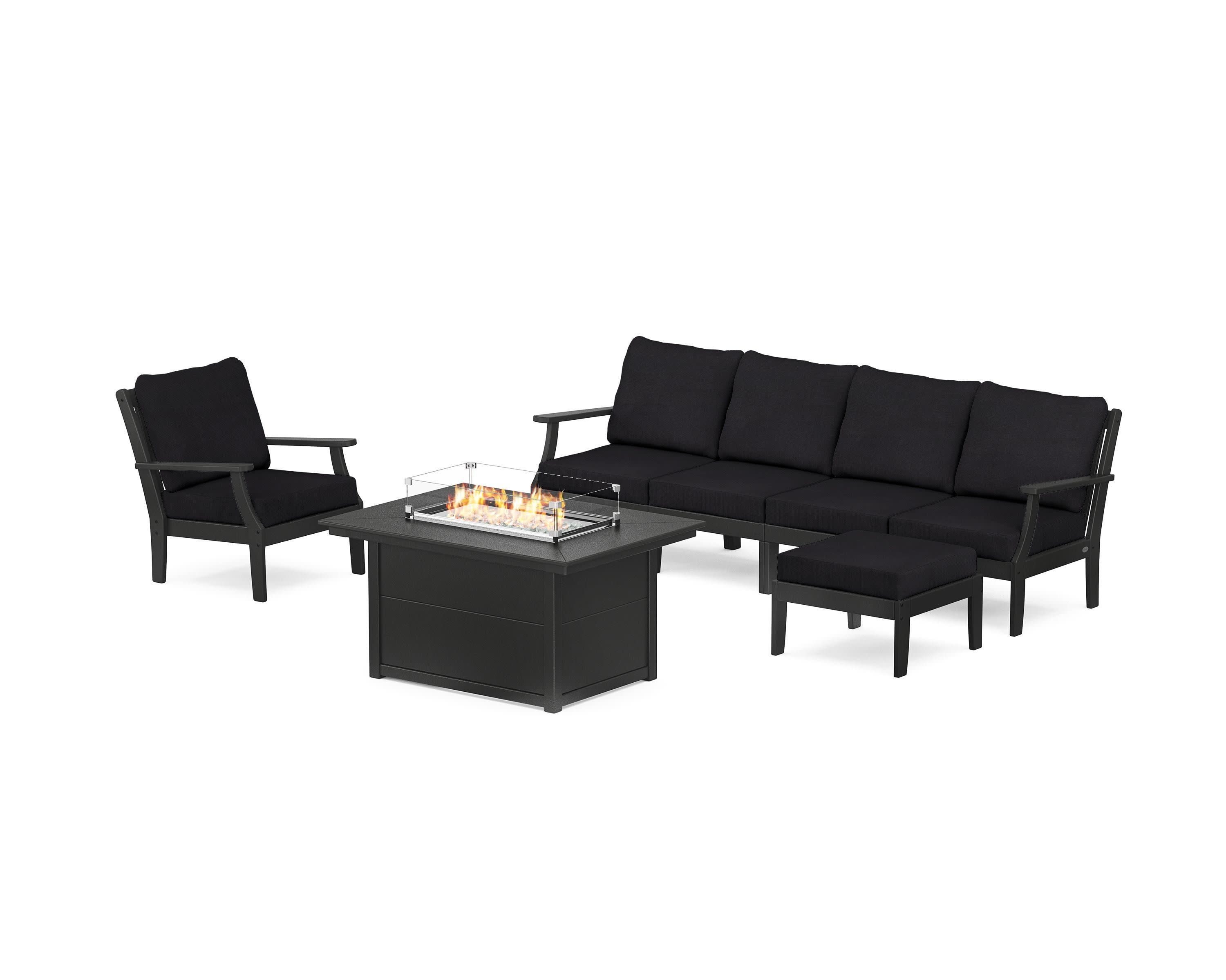 Braxton Sectional Lounge and Fire Pit Set in Black / Midnight Linen