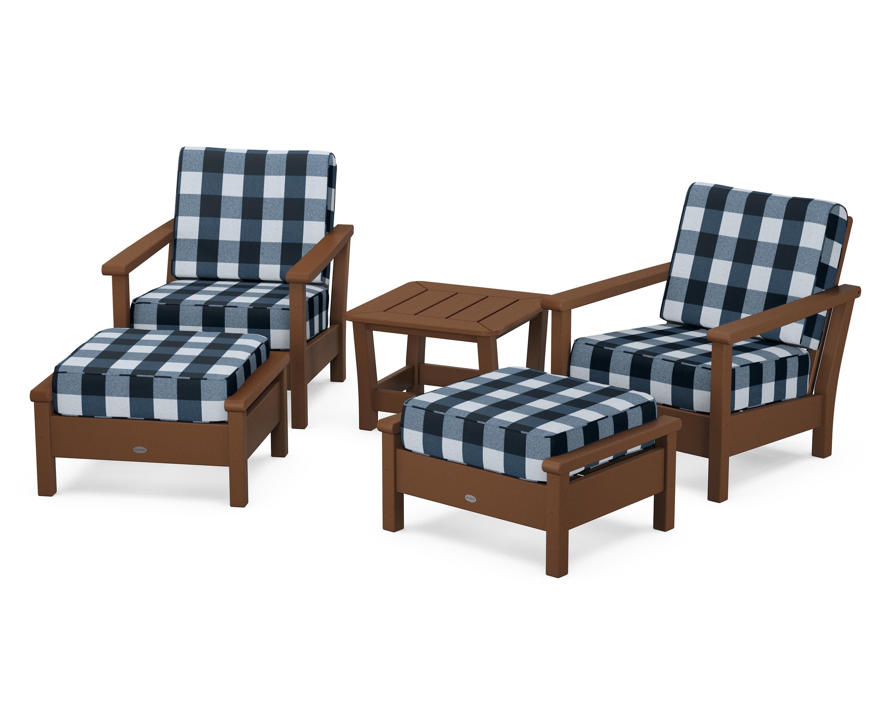 Harbour 5-Piece Deep Seating Chair Set in Teak / Buffalo Plaid Marine Indigo