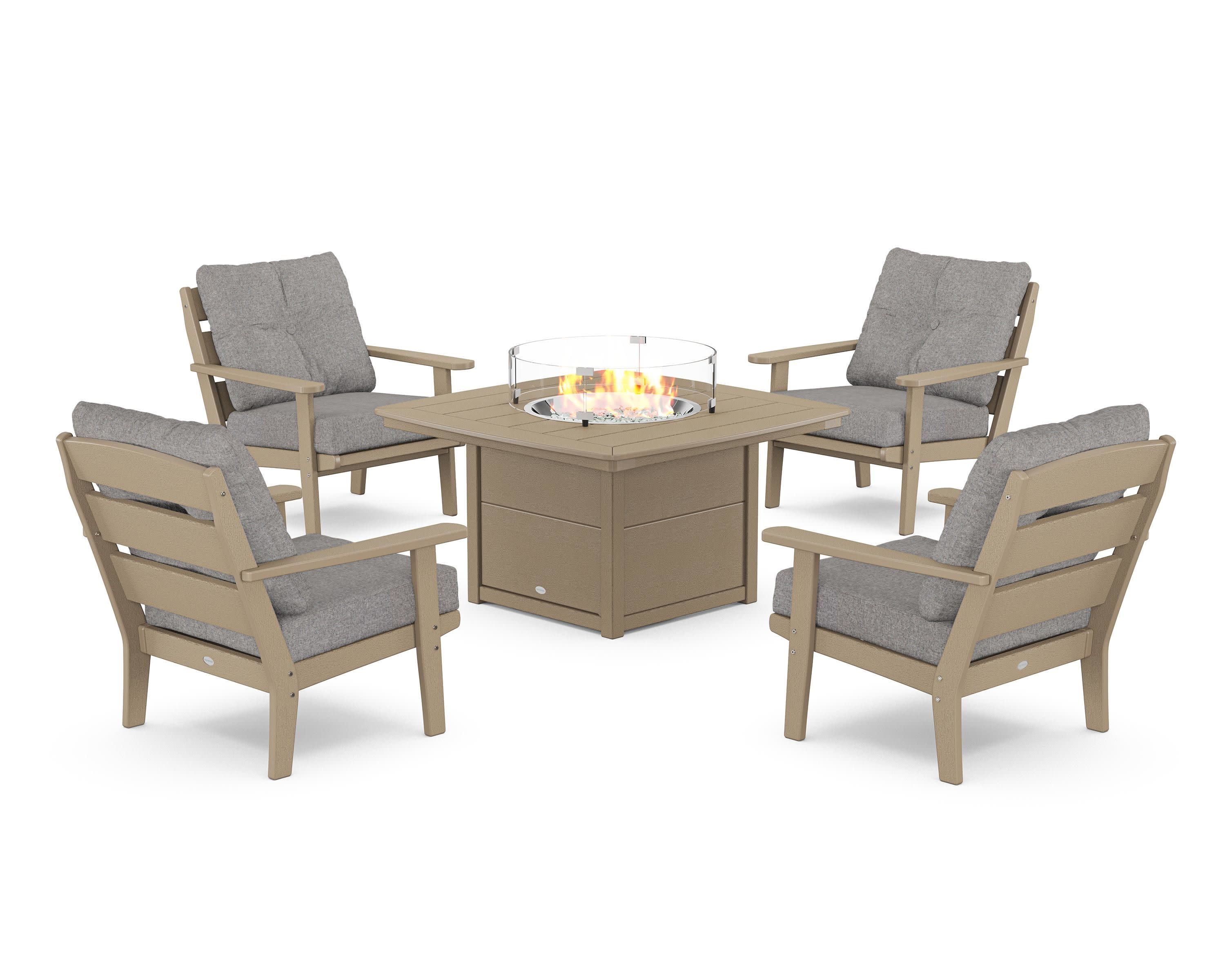Lakeside 5-Piece Deep Seating Set with Nautical Fire Pit Table in Vintage Sahara / Grey Mist