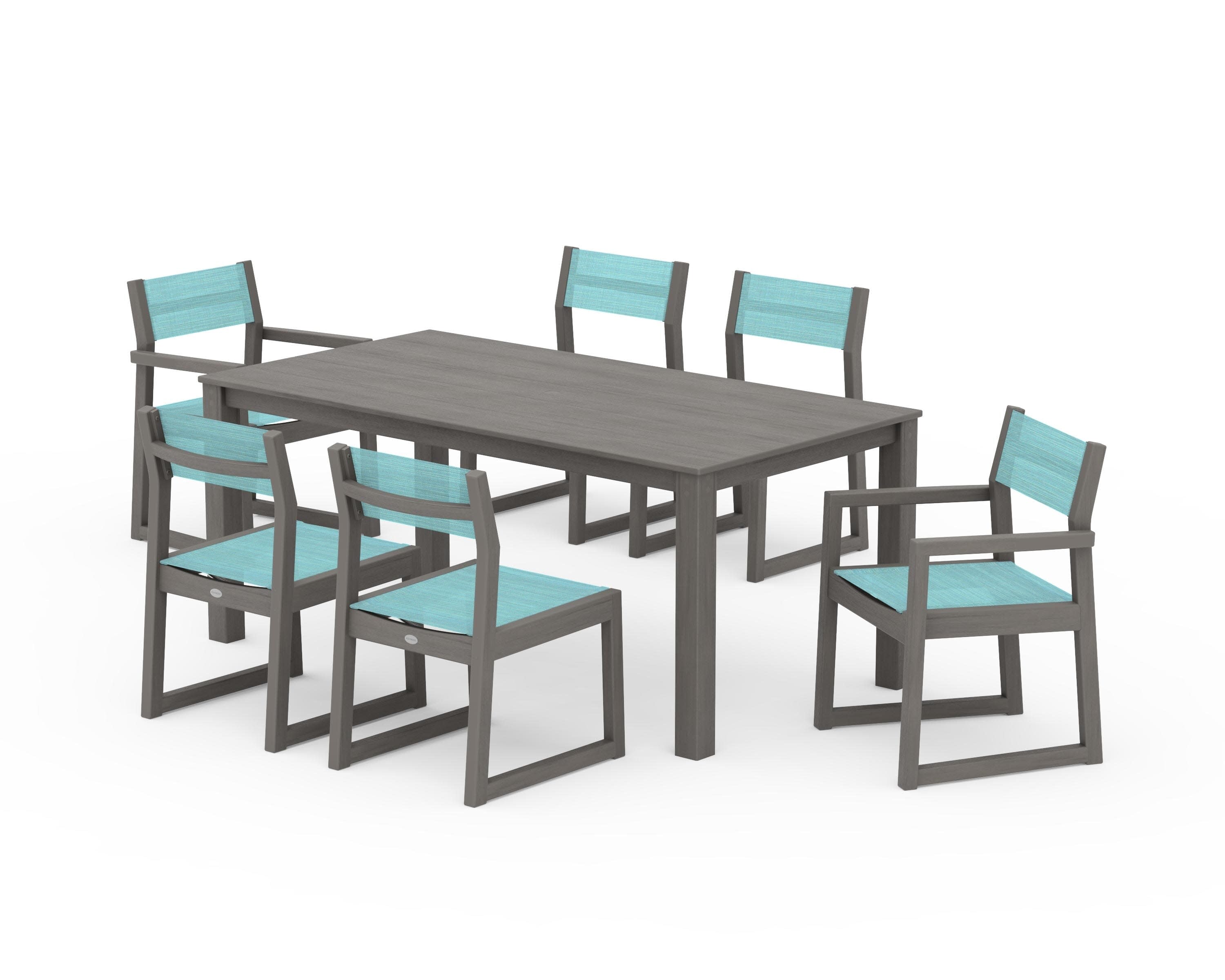 EDGE Sling 7-Piece Parsons Dining Set in Driftwood / Dupioni Aquamarine Sling