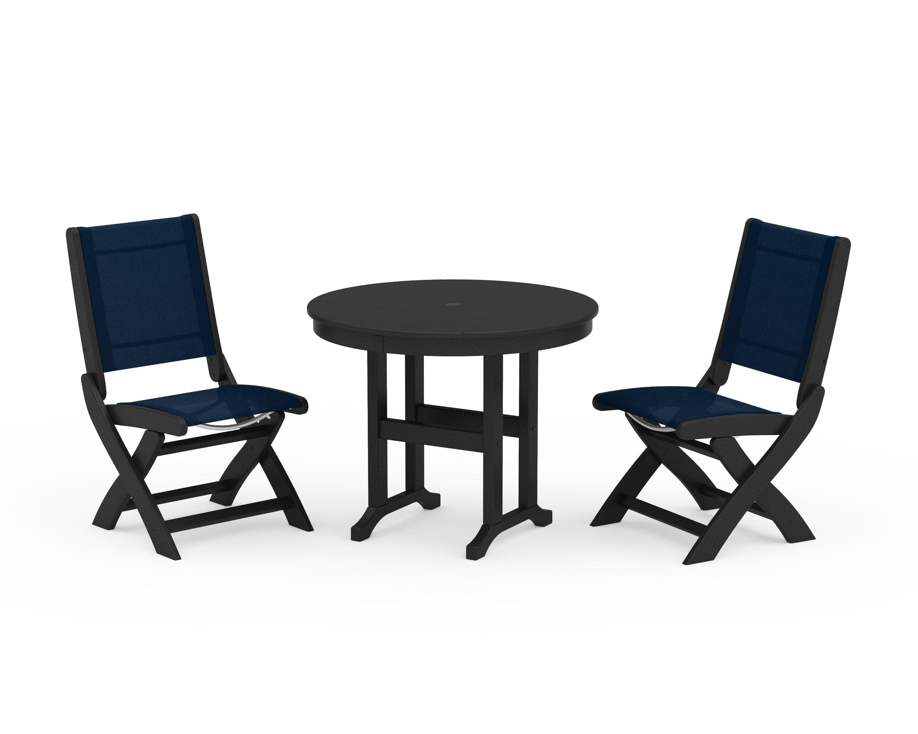 Coastal Folding Side Chair 3-Piece Round Dining Set in Black / Navy Blue Sling