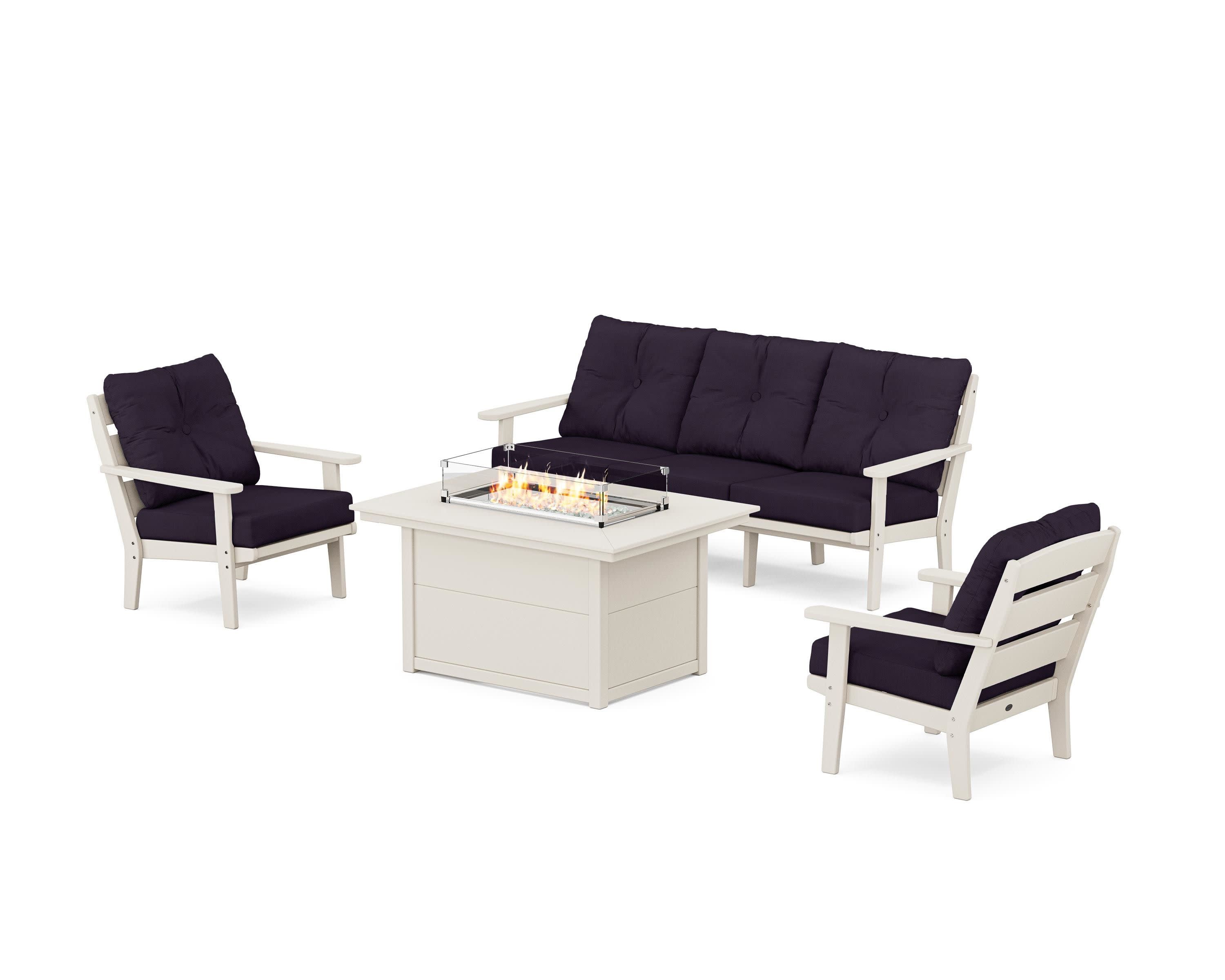 Lakeside Deep Seating Fire Pit Table Set in Sand / Navy Linen