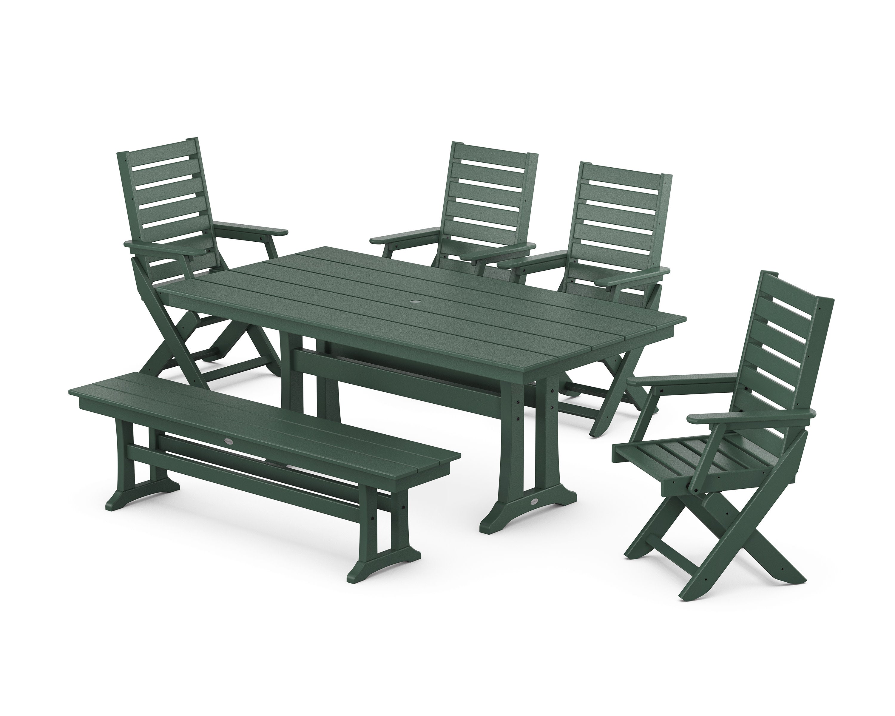 Captain Folding Chair 6-Piece Farmhouse Dining Set with Trestle Legs and Bench in Green