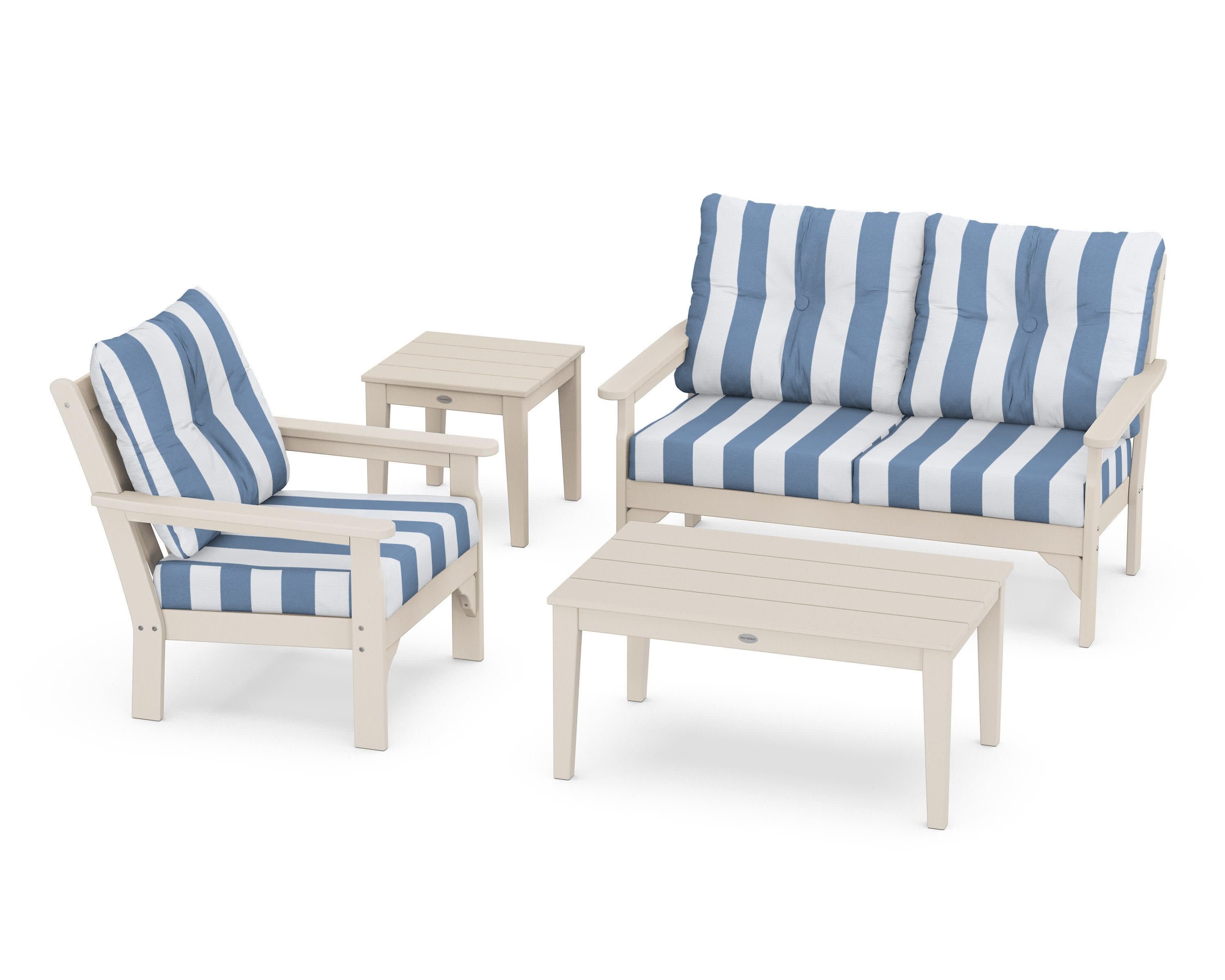 Vineyard 4-Piece Deep Seating Set in Sand / Cabana Stripe Sky Blue