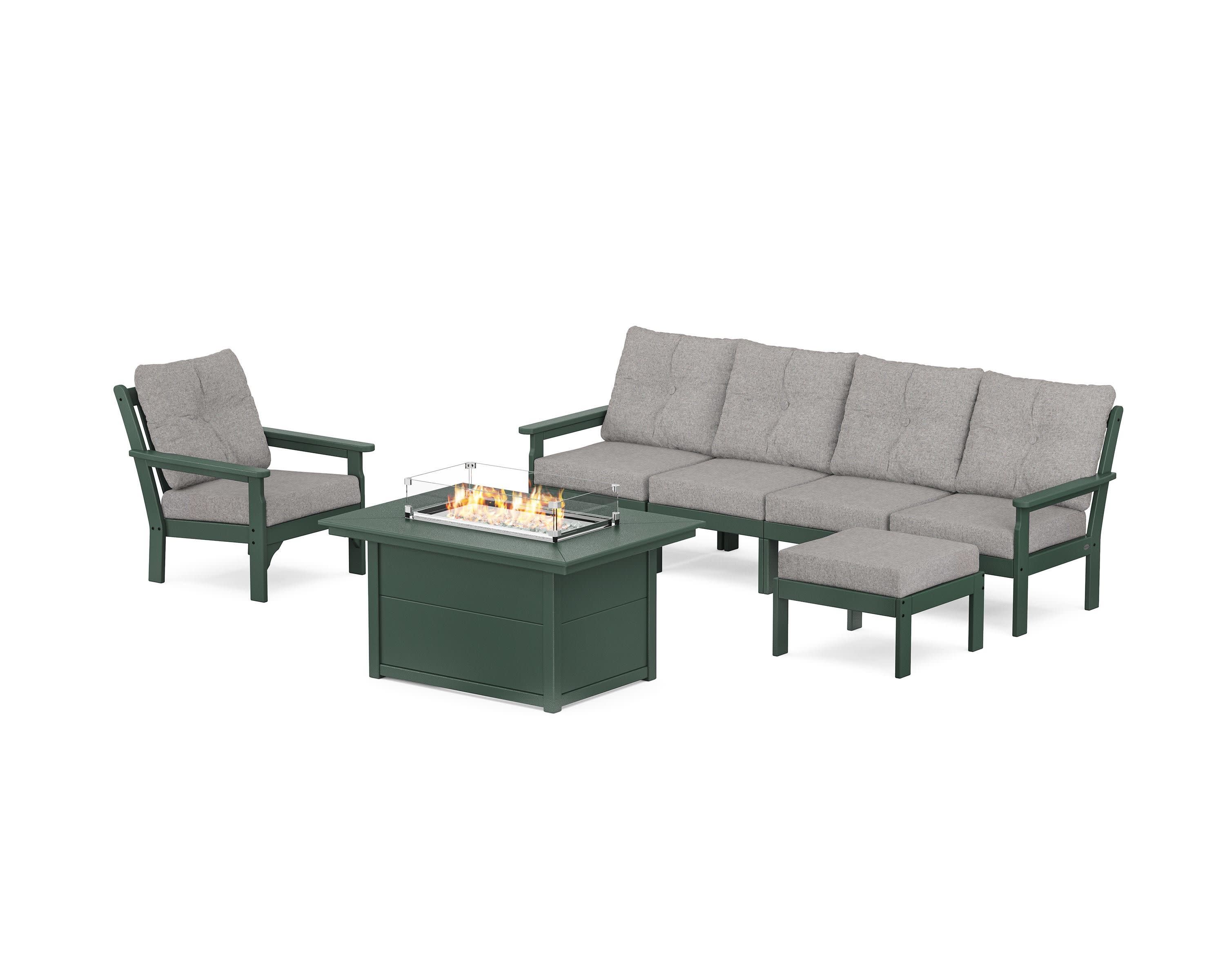 Vineyard Sectional Lounge and Fire Pit Set in Green / Grey Mist