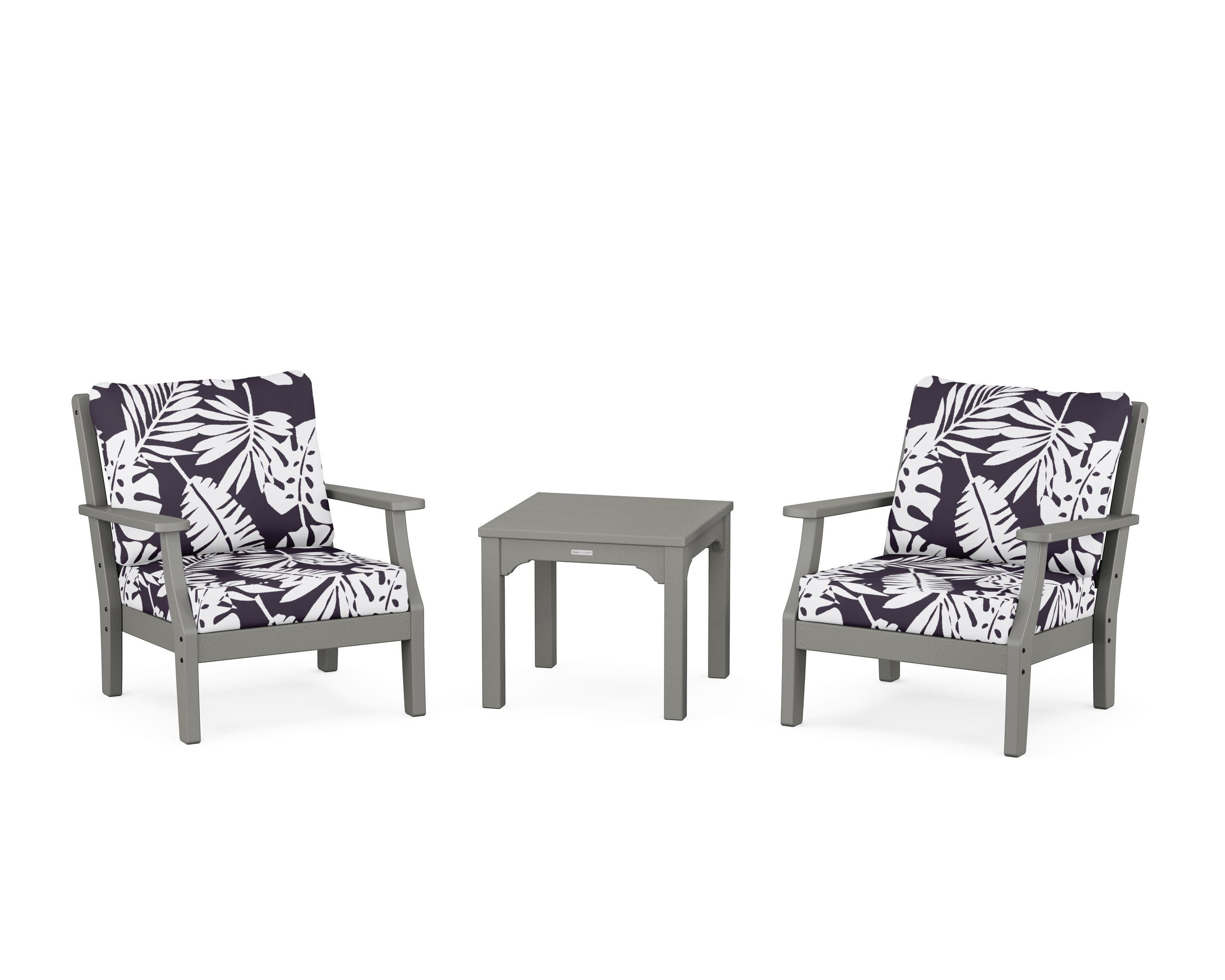 Chinoiserie 3-Piece Deep Seating Set in Slate Grey / Leaf Navy