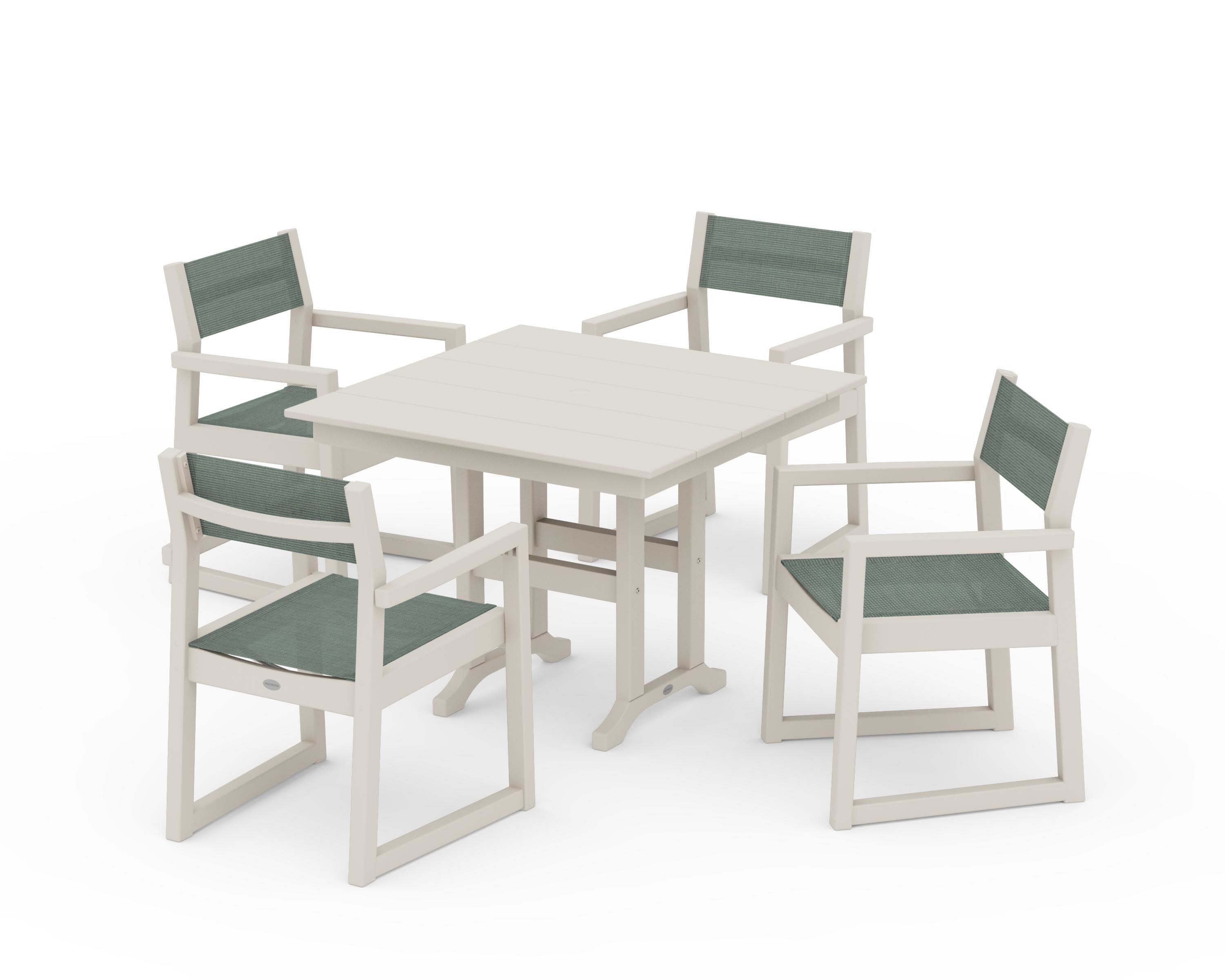 EDGE Sling Arm Chair 5-Piece Farmhouse Dining Set in Sand / Dupioni Sea Mist Sling