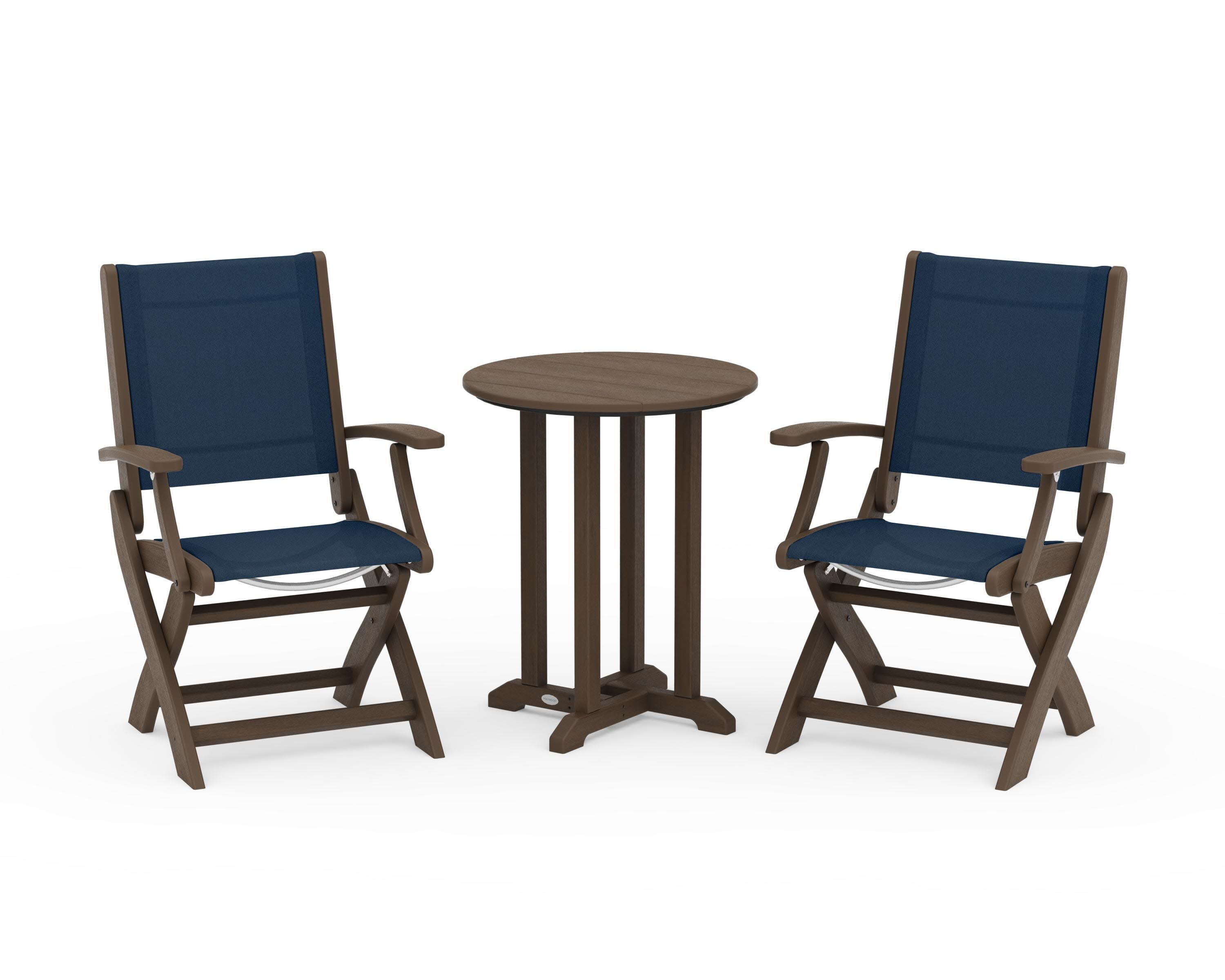 Coastal Folding 3-Piece Round Bistro Dining Set in Kona / Navy Blue Sling