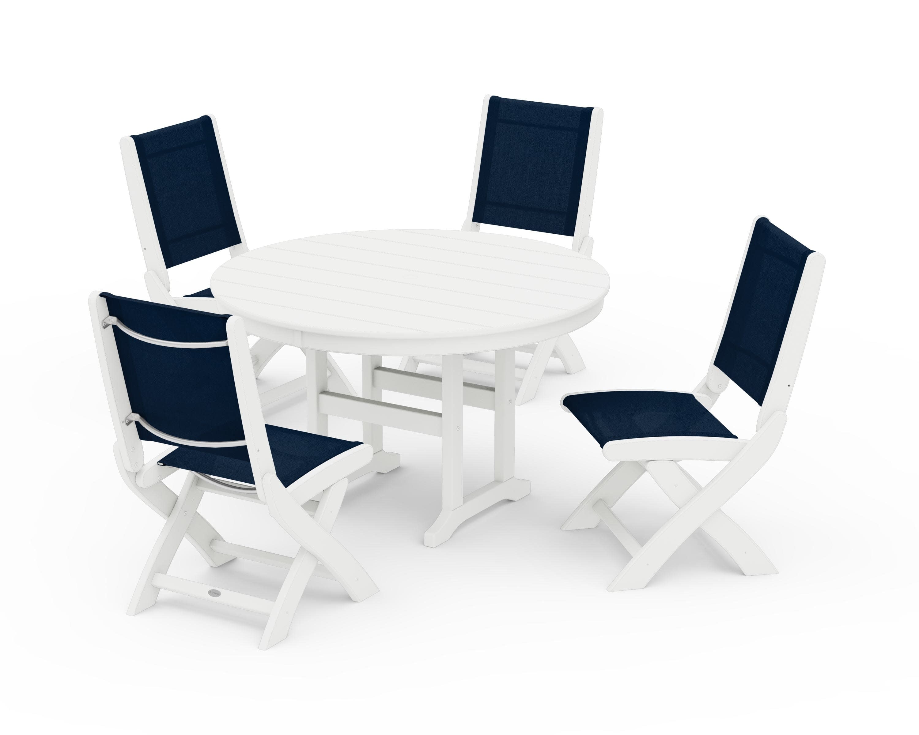Coastal Folding Side Chair 5-Piece Round Dining Set in White / Navy Blue Sling