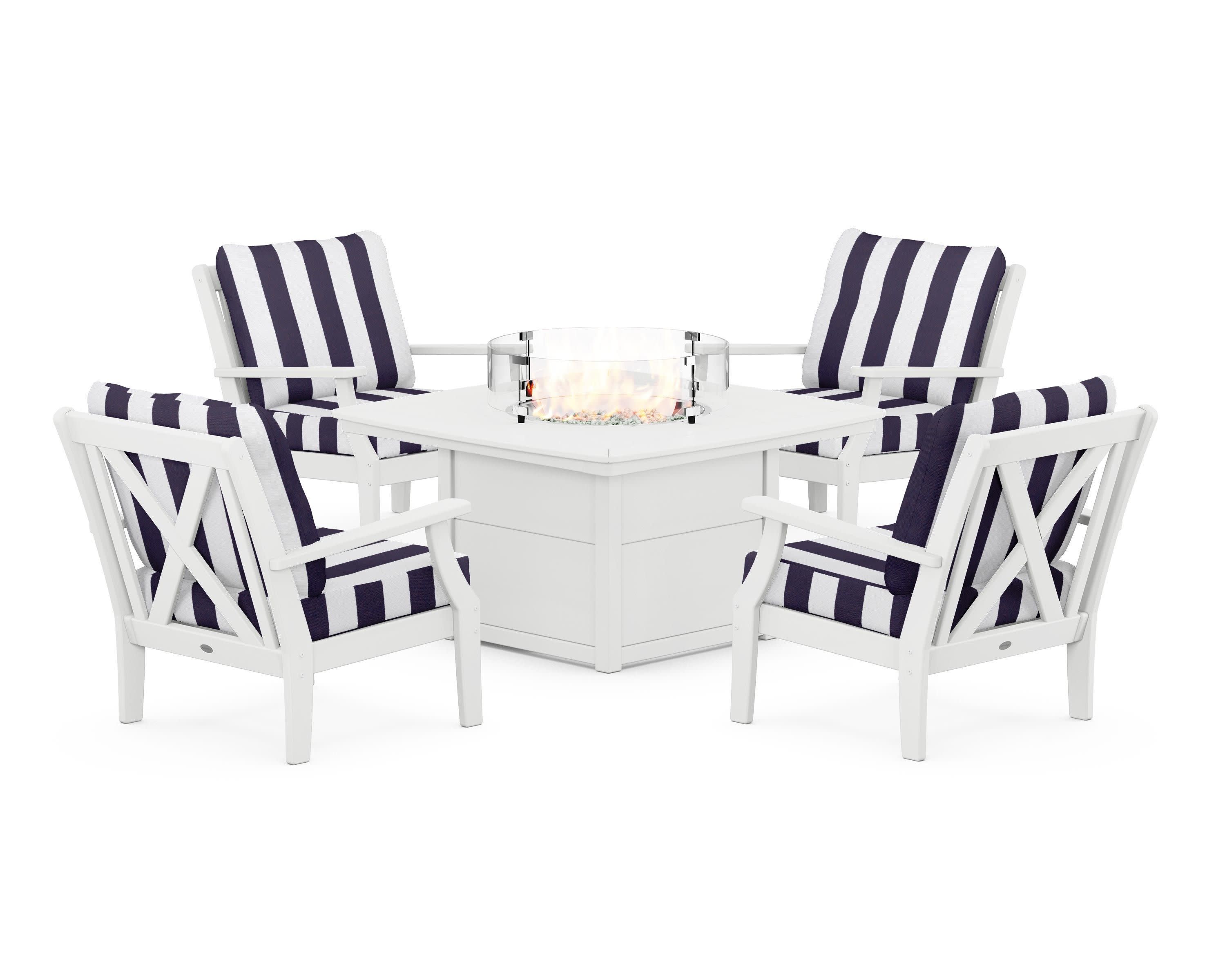 Braxton 5-Piece Deep Seating Conversation Set with Fire Pit Table in White / Cabana Stripe Navy